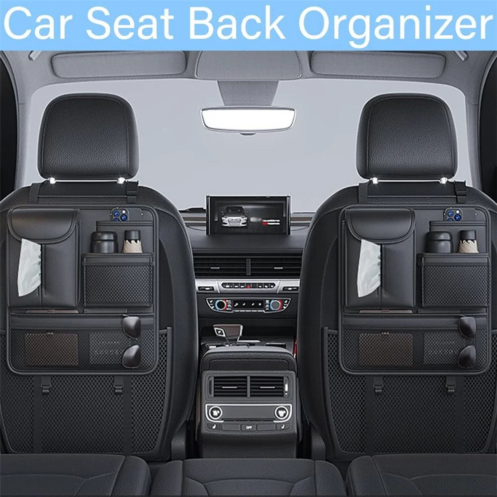 Car Seat Back Organizer Waterproof PU Leather Tissue Holder Multi-Pocket Storage Bag Kick Mat - Black - 7