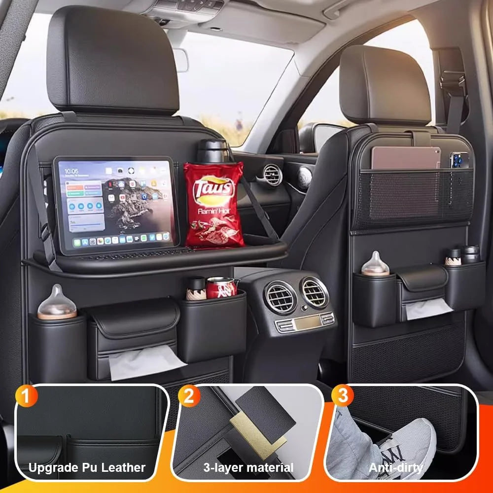 Nappa Texture PU Leather Car Backseat Storage Bag Multi Pocket Seat Organizer with Folding Tray - Black - 5