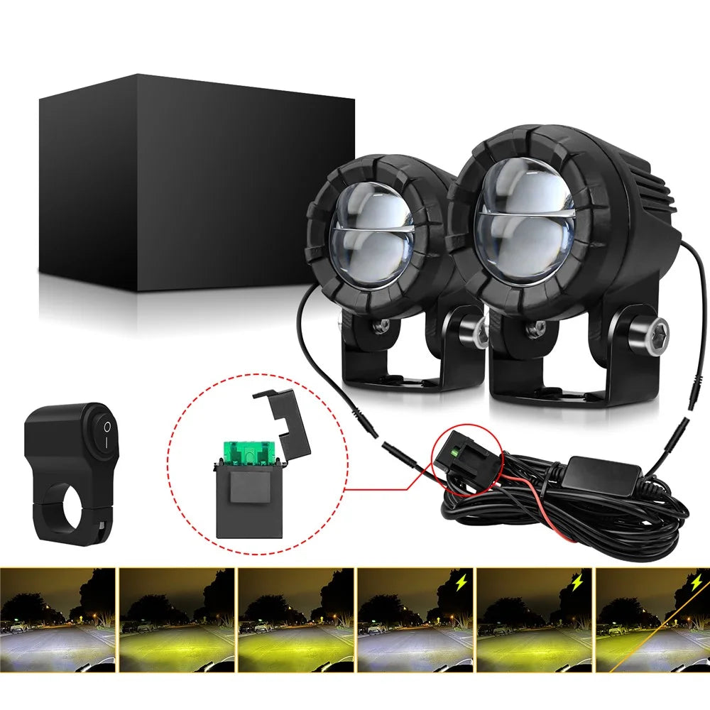SK2 2Pcs 6 Modes Dual Lens Motorcycle LED Spotlight High Low Beam Headlight with Control Wire Kit - 3