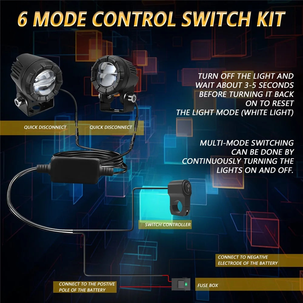SK2 2Pcs 6 Modes Dual Lens Motorcycle LED Spotlight High Low Beam Headlight with Control Wire Kit - 7