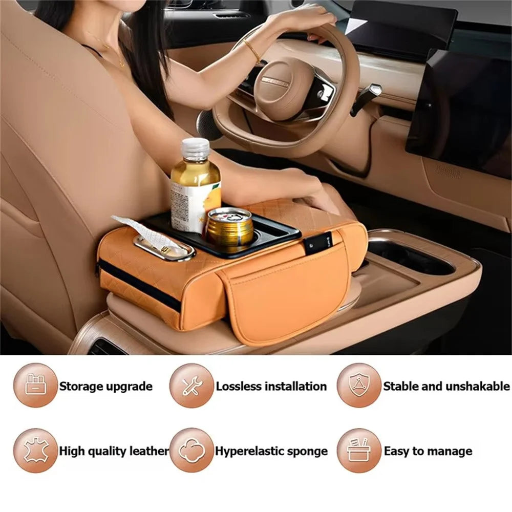 Universal Car Armrest Pad Storage Organizer PU Leather Tissue Box Central Cup Holder - Yellow - 4