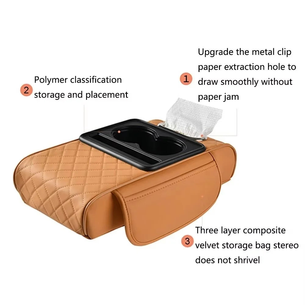 Universal Car Armrest Pad Storage Organizer PU Leather Tissue Box Central Cup Holder - Yellow - 5