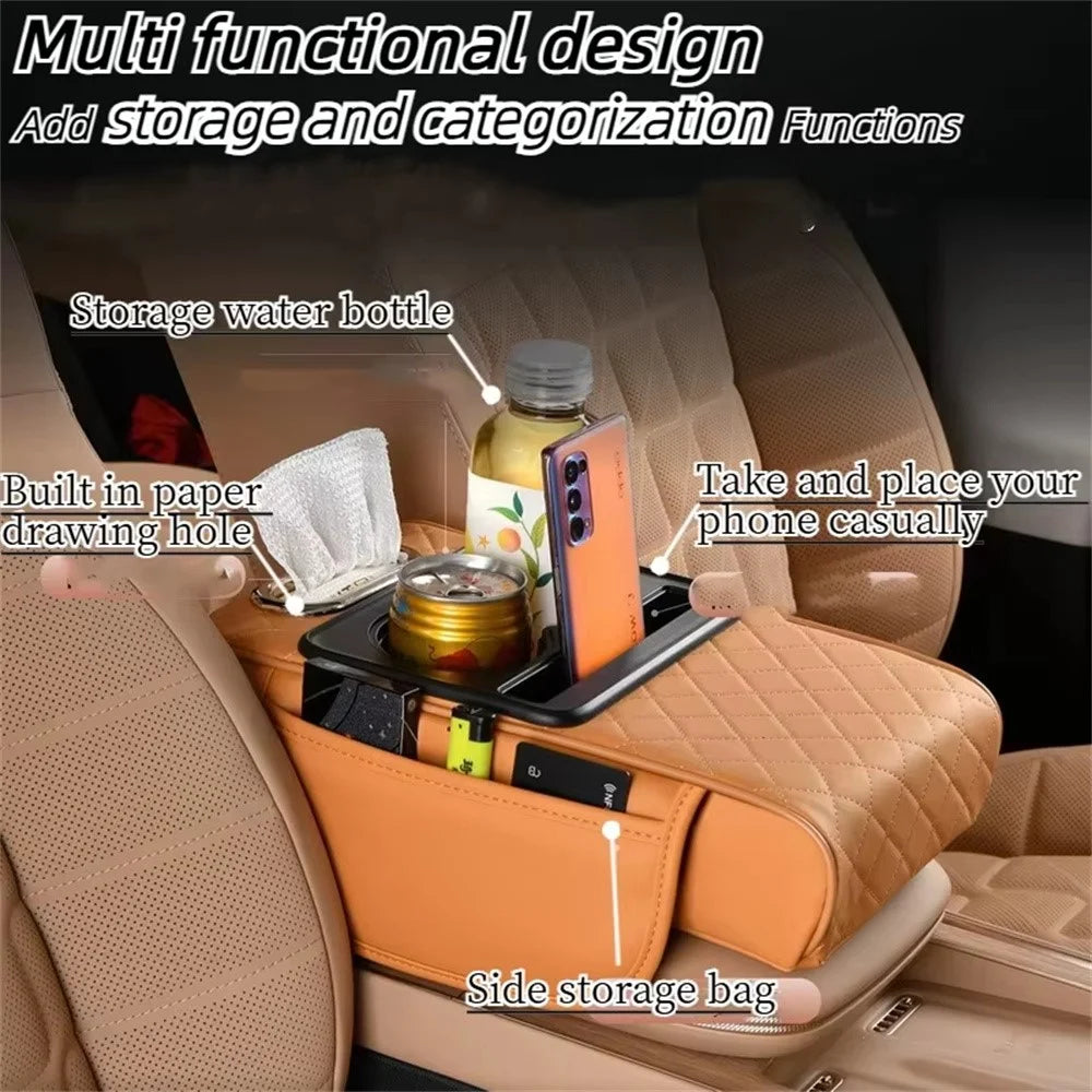 Universal Car Armrest Pad Storage Organizer PU Leather Tissue Box Central Cup Holder - Yellow - 7