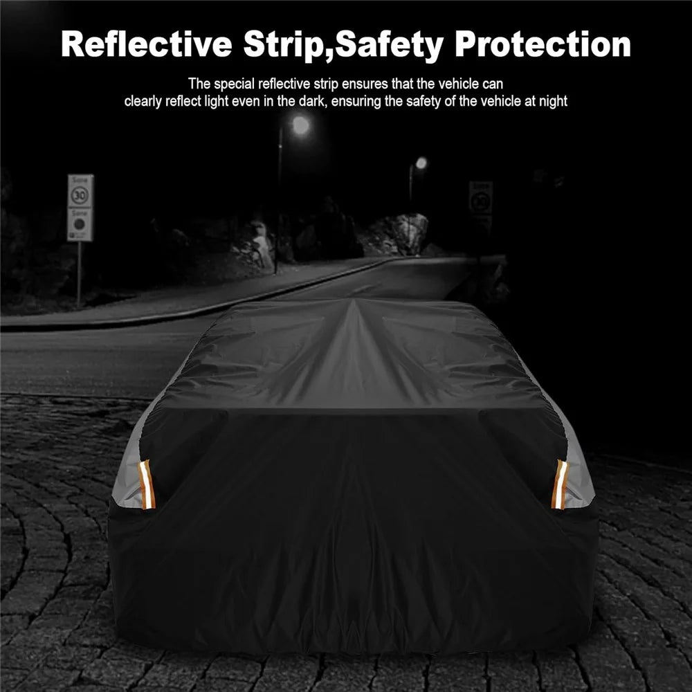 Waterproof Outdoor Car Cover for Sedan SUV Hatchback UV Protection Cover with Reflective Strips, Black+Silver - 3L (4.4-4.6m) - 2