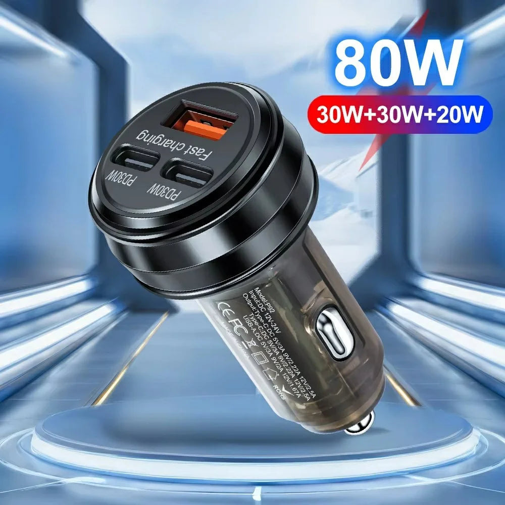 80W Car Charger 3 Ports USB + PD Type C Fast Charging Portable Cigarette Lighter Adapter - Black - 2