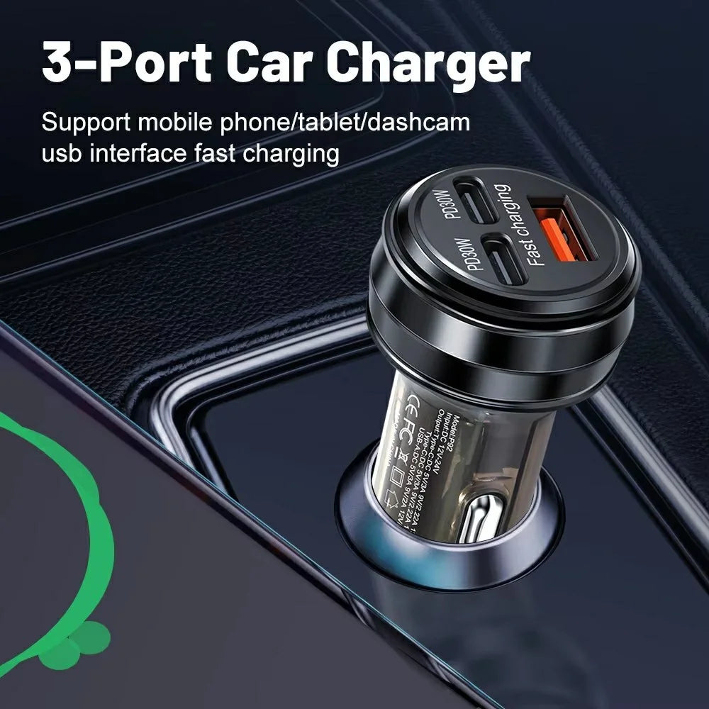 80W Car Charger 3 Ports USB + PD Type C Fast Charging Portable Cigarette Lighter Adapter - Black - 5