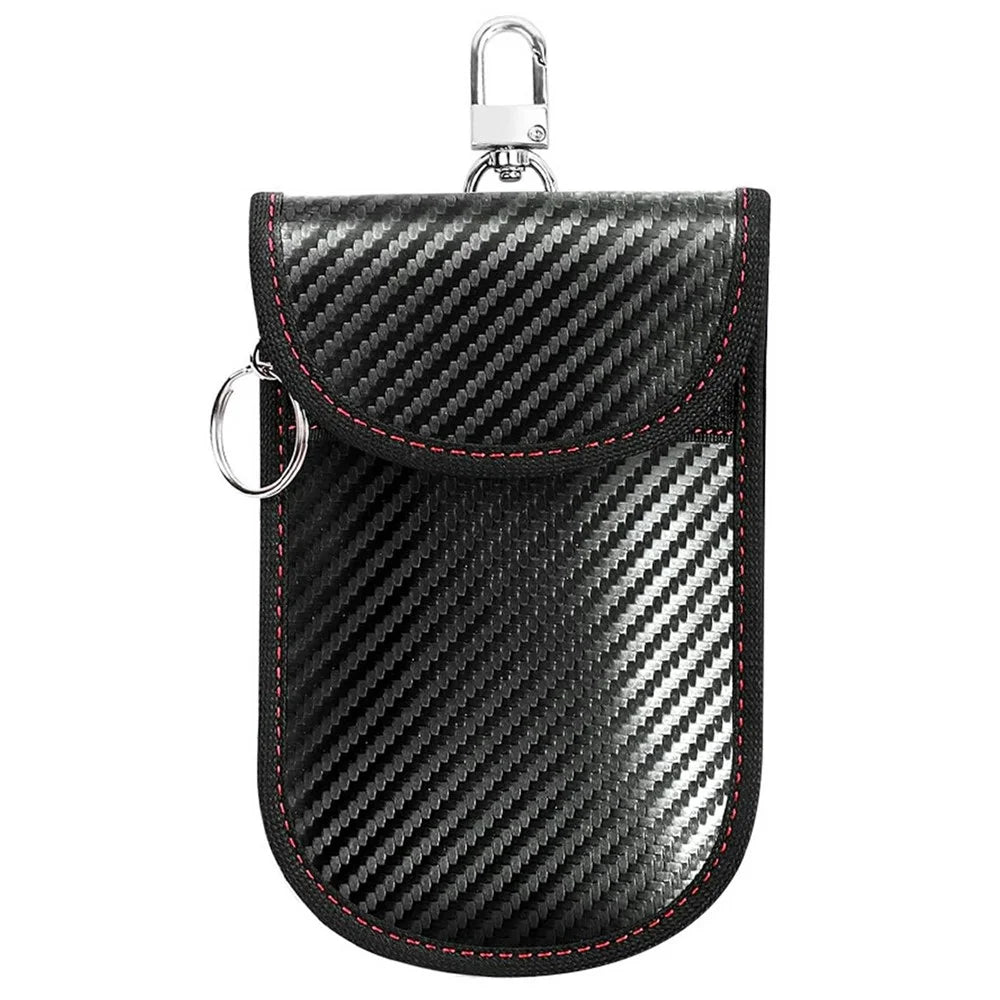 Anti Theft RFID Shielding Key Fob Protector Carbon Fiber Texture PU Leather Car Key Signal Blocking Pouch with Hook - Red Line - 1
