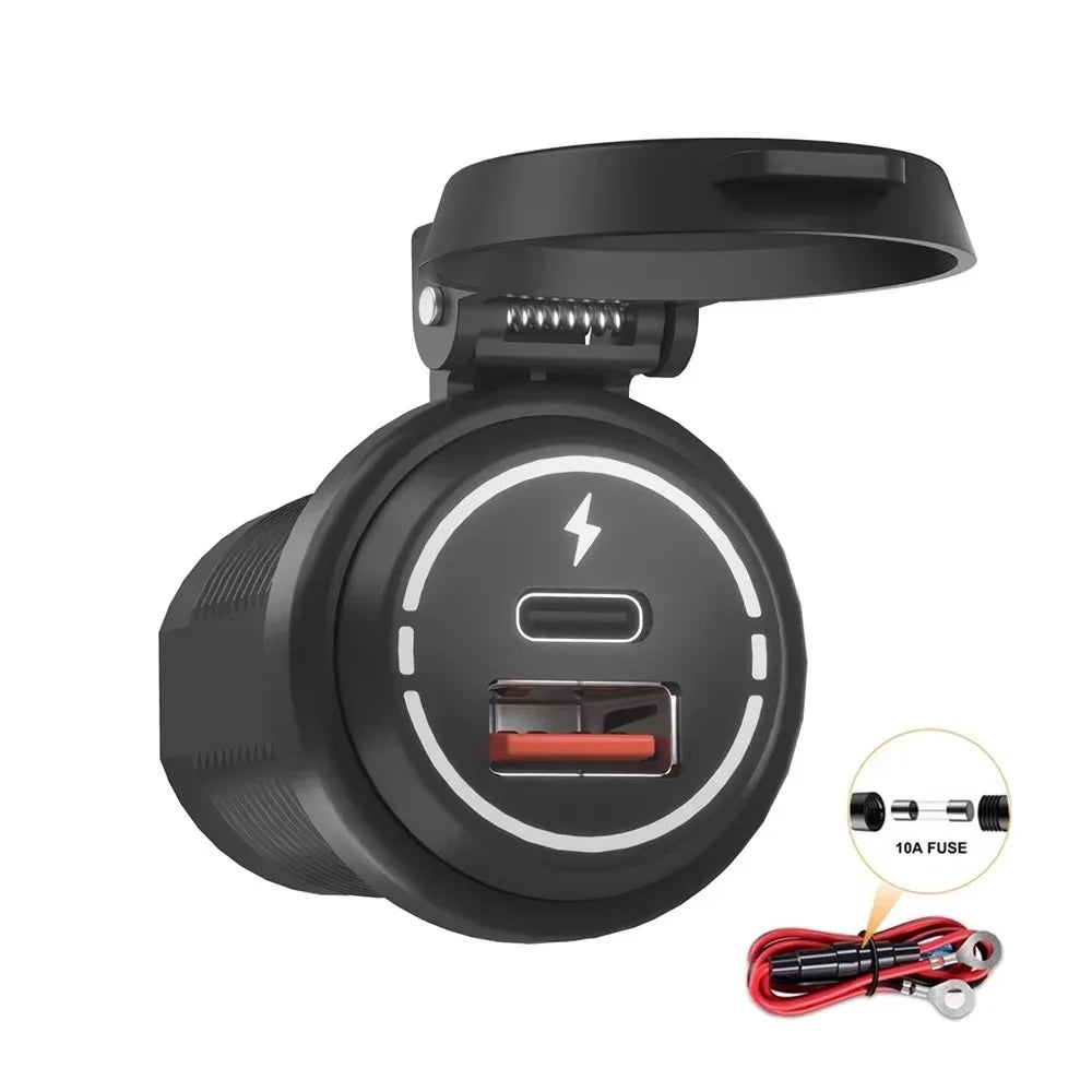USB + Type C Dual Port Fast Car Charger with Spring Cover Waterproof Charging Adapter for Motorcycle - 2