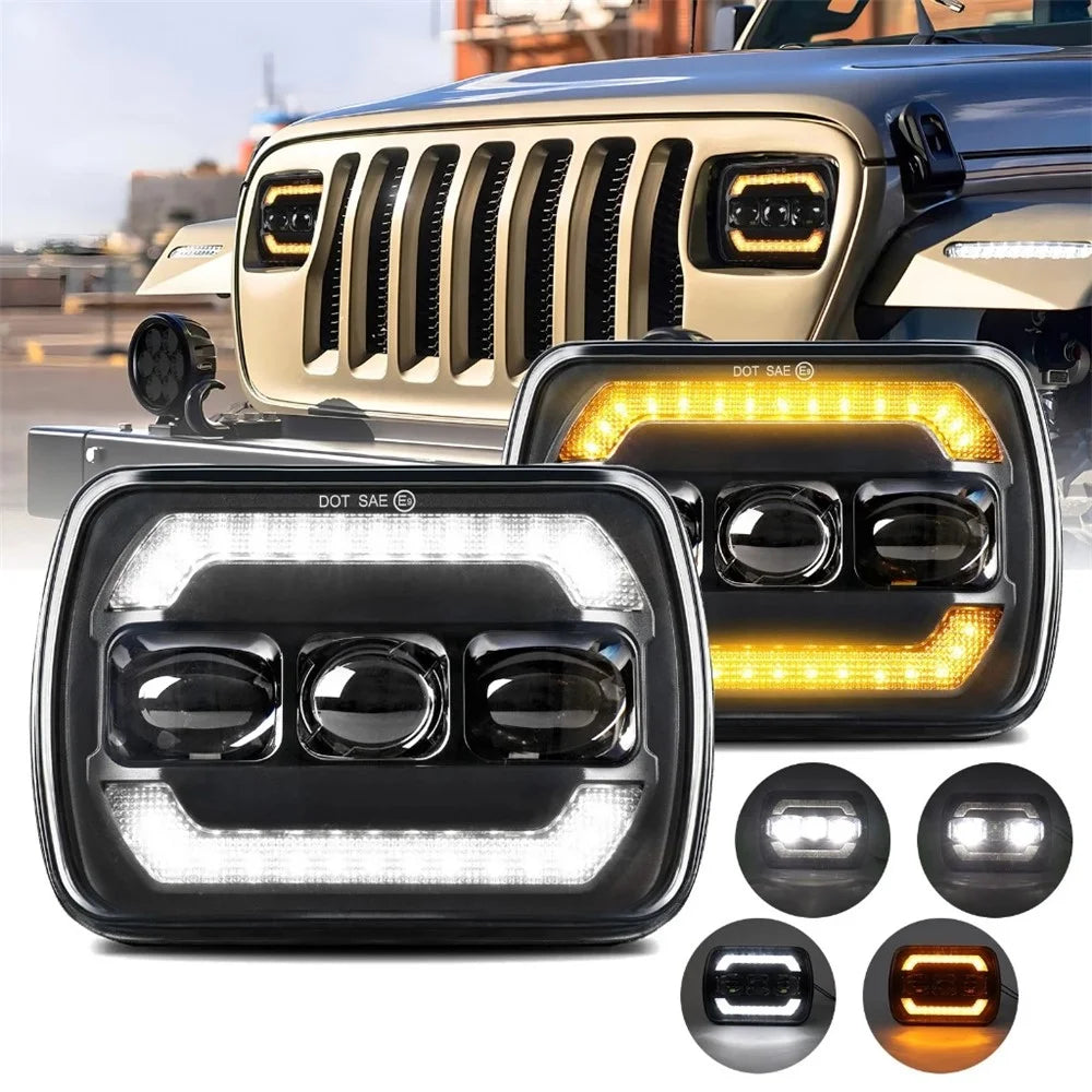 7 Inch Square LED Headlight Assembly Upgrade for Wrangler DRL Integrated Headlamp - 2