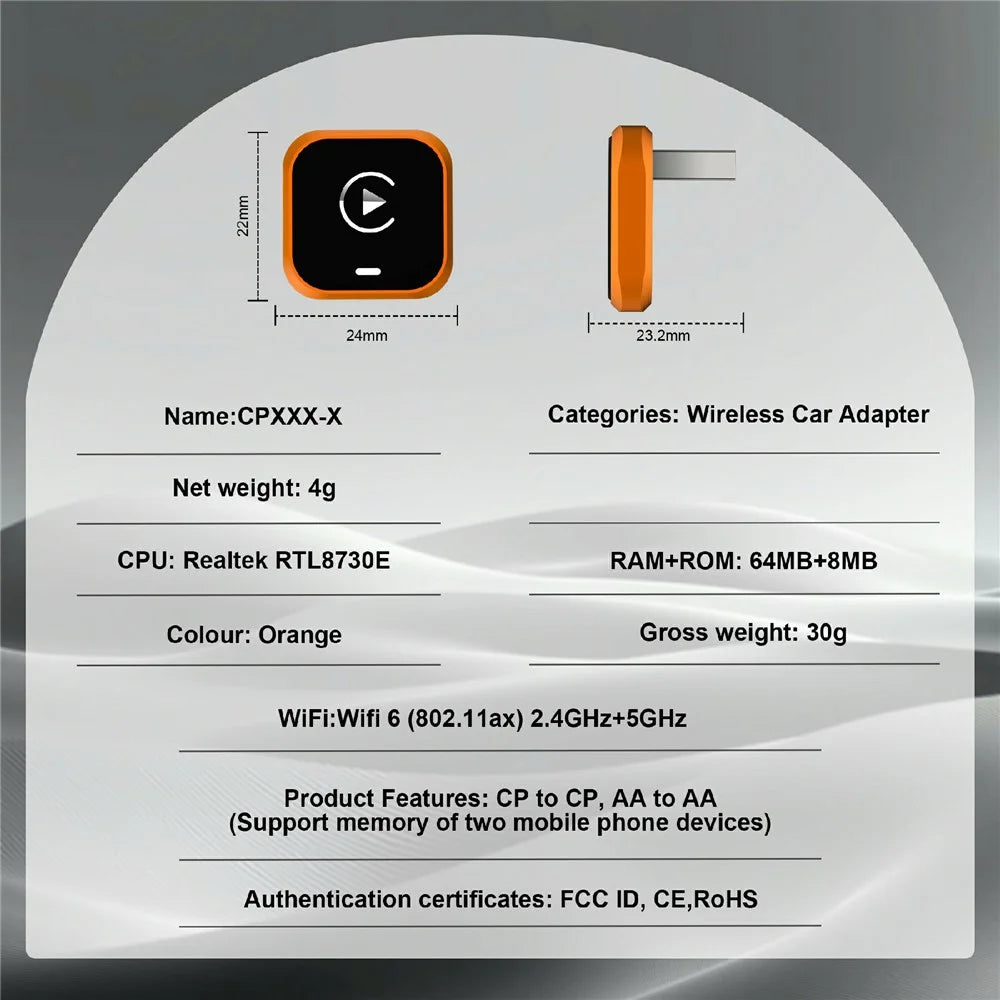 CP030-5 2 in 1 Wireless CarPlay Android Auto Adapter WiFi 6 Dual Band USB Dongle Car AI Box - Orange - 7