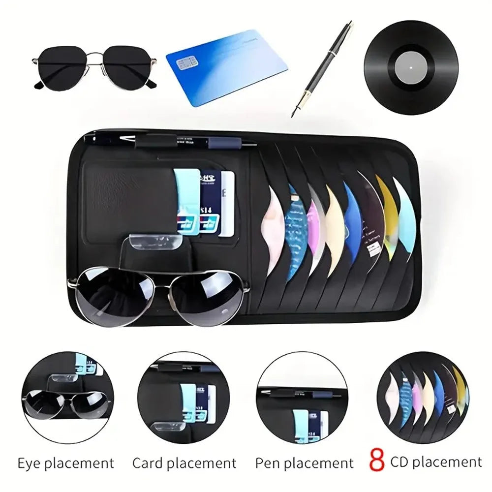 Car Sun Visor Multifunctional Card Organizer PU Leather CD Storage Case Sunglasses Clip Pen Holder - Black - 2