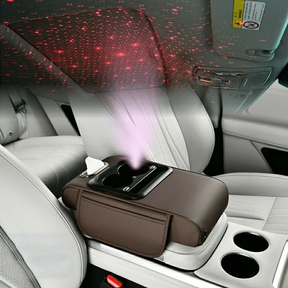 6 in 1 Starry Sky Projection Car Armrest Box Height Enhancement Cushion with Cup Holder Tissue Box and Charging Port - Coffee - 2