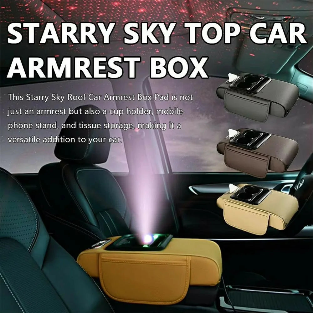 6 in 1 Starry Sky Projection Car Armrest Box Height Enhancement Cushion with Cup Holder Tissue Box and Charging Port - Coffee - 3