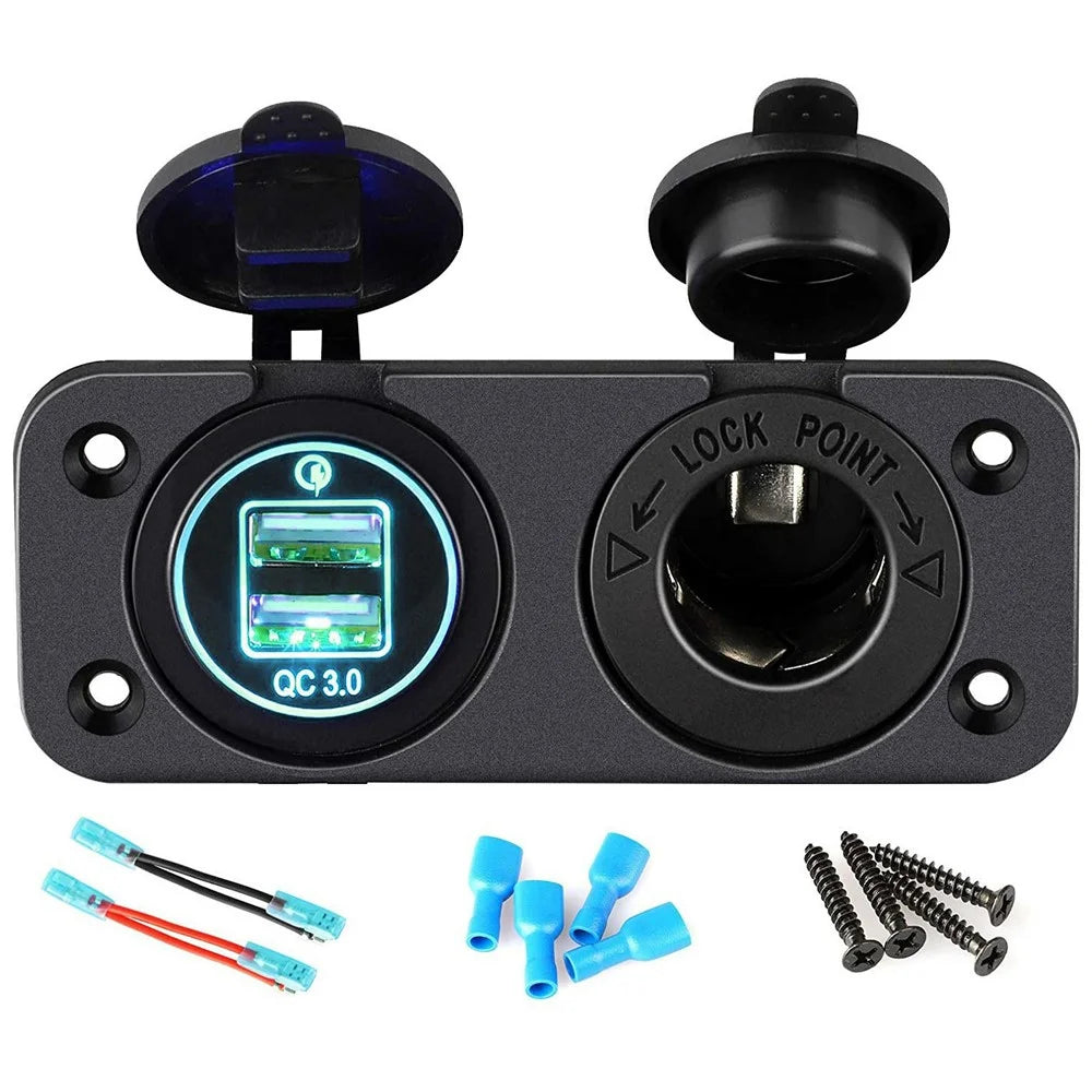 QC3.0 Dual USB Car Charger Panel with Cigarette Lighter Socket for 12V-24V RV Boat Motorcycle - Green - 1