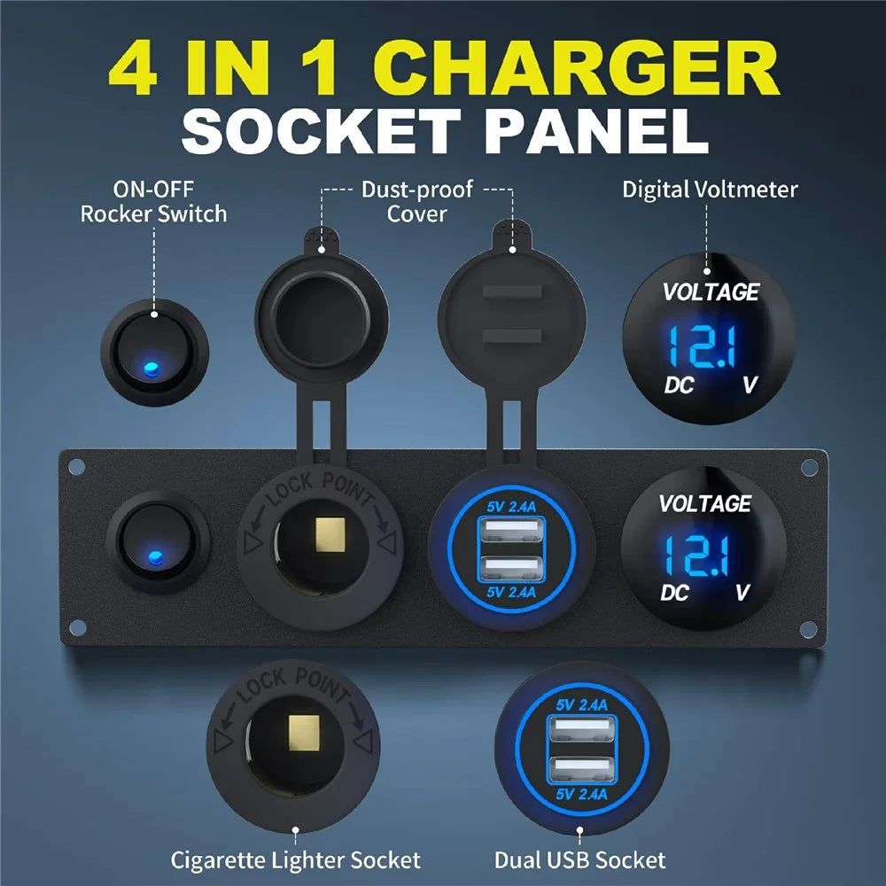 Dual USB Cigarette Lighter Socket Panel Digital Voltmeter with Switch for 12V-24V Marine Boat RV Truck - 2