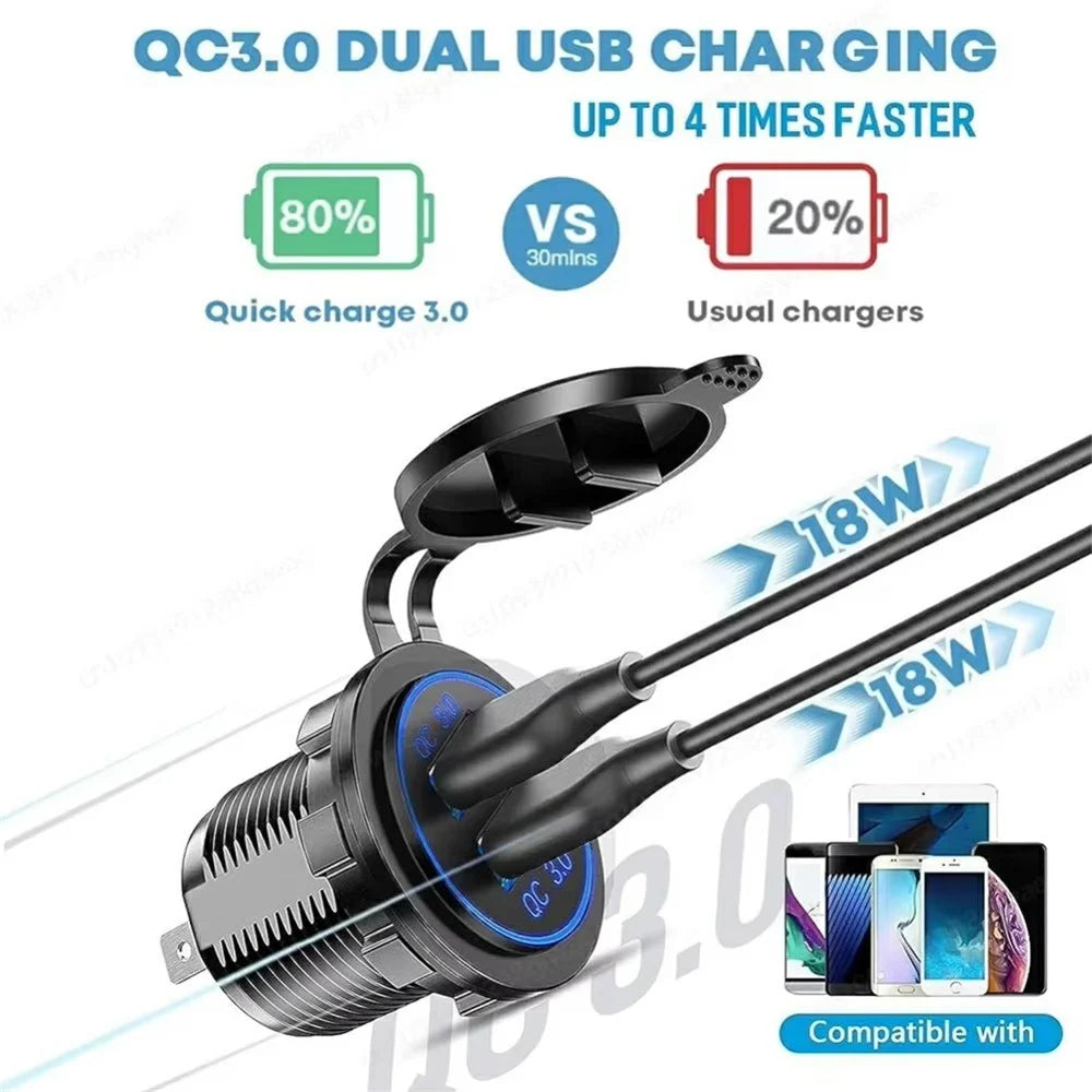 12V USB Car Cigarette Lighter Socket Dual QC3.0 Fast Charging Splitter Charging Adapter for Car Boat RV - Blue - 2
