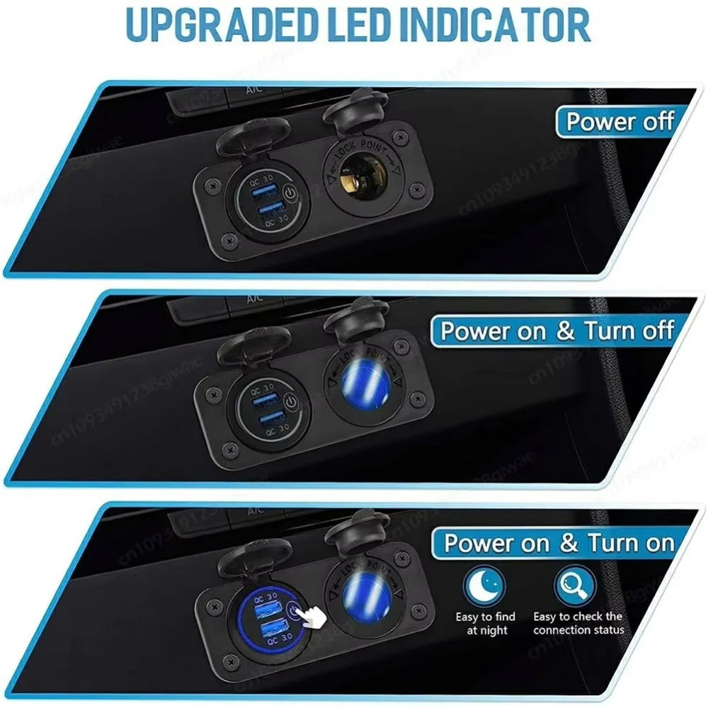 12V USB Car Cigarette Lighter Socket Dual QC3.0 Fast Charging Splitter Charging Adapter for Car Boat RV - Blue - 3