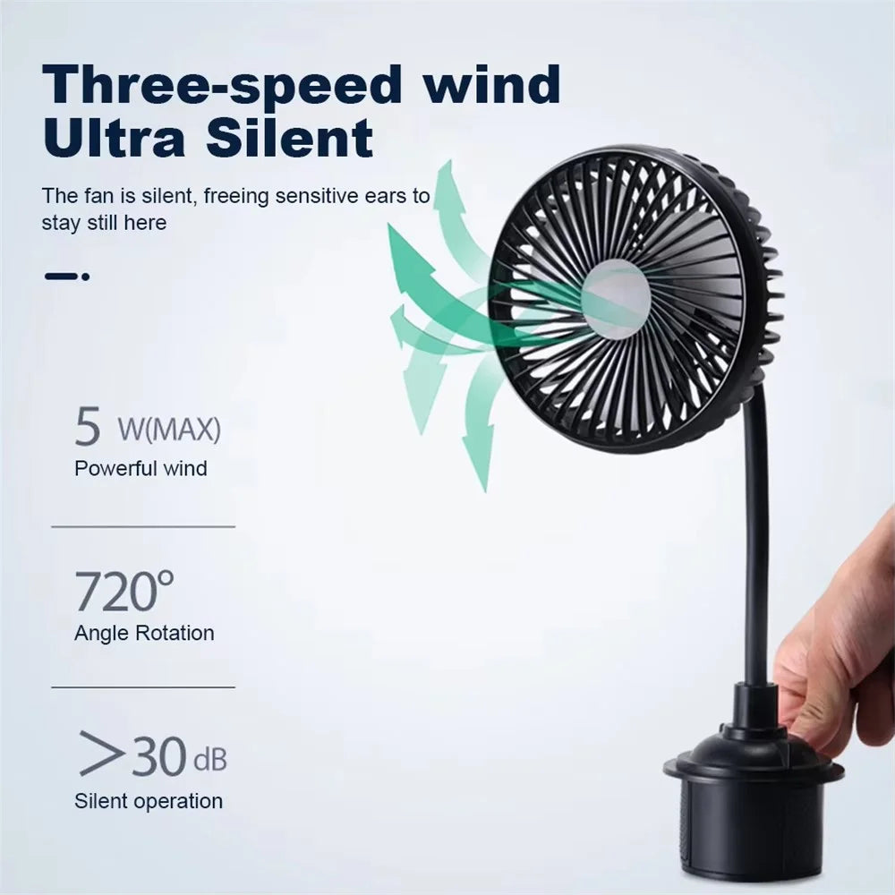 Car Cup Holder Mount USB Powered Fan 3-Speed Adjustable Silent Cooling Fan for Truck SUV - Black - 6
