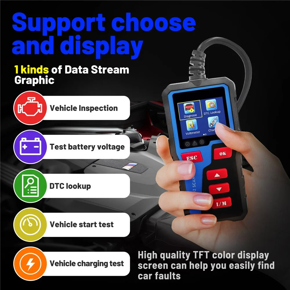 AT300 OBD2 Scanner 1.8 Inch TFT Screen Car Diagnostic Tool Battery Test Code Reader for Engine Check - 2