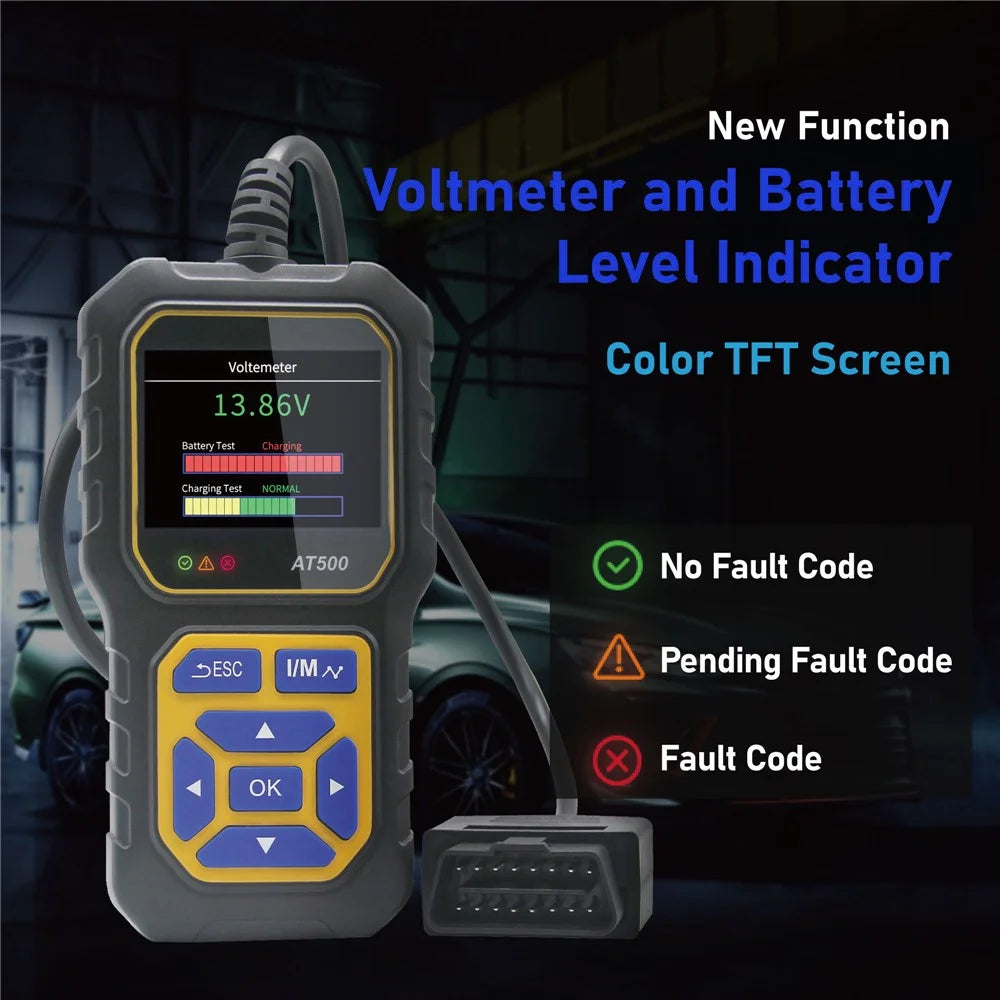 AT500 OBD2 Scanner 2.4 Inch Color TFT Screen Automotive Diagnostic Tool Battery Test for Cars - Black  /  Yellow - 3