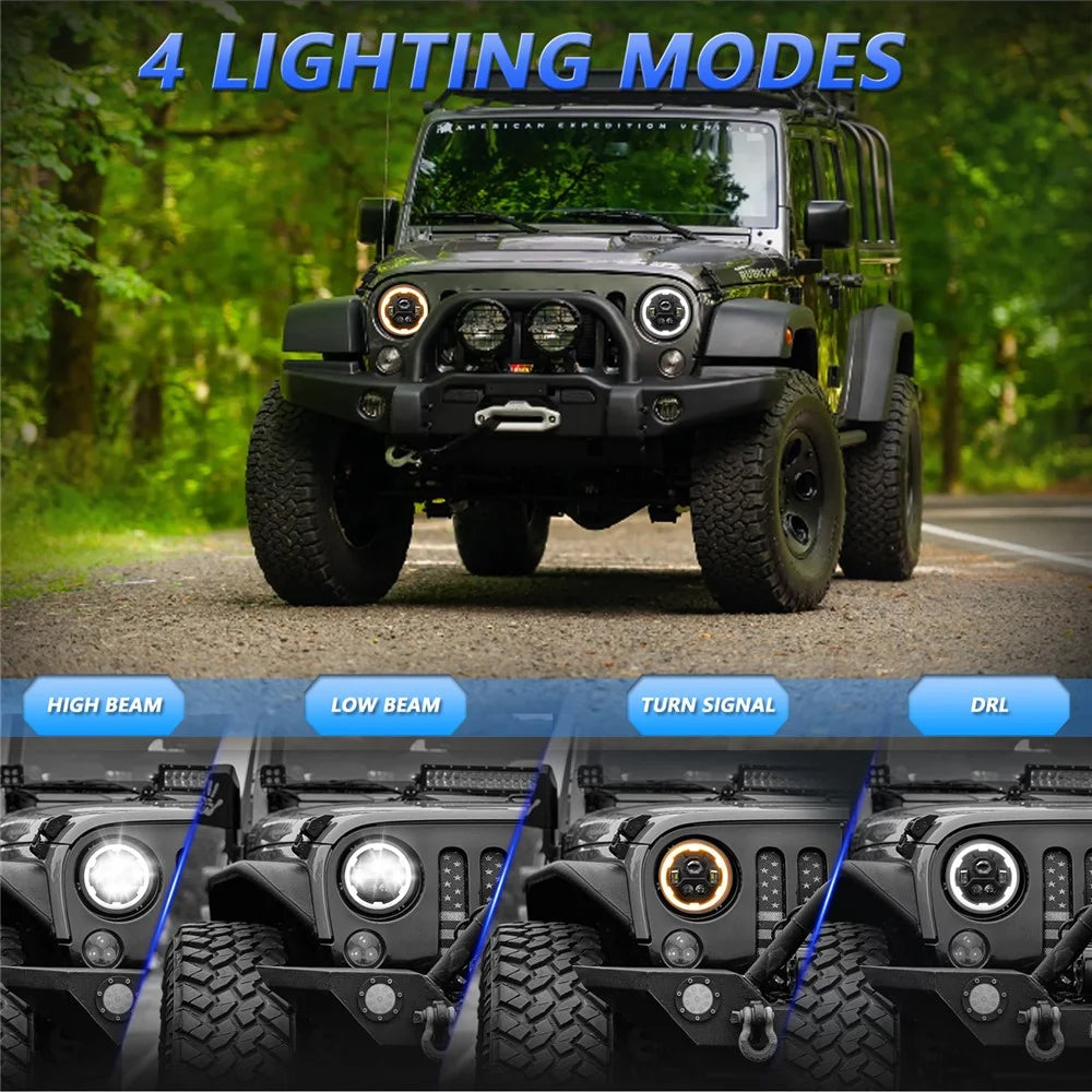 7 Inch Round LED Headlight 4 Modes Angel Eyes Headlamp IP67 Waterproof for Jeep Wrangler Motorcycle - 2