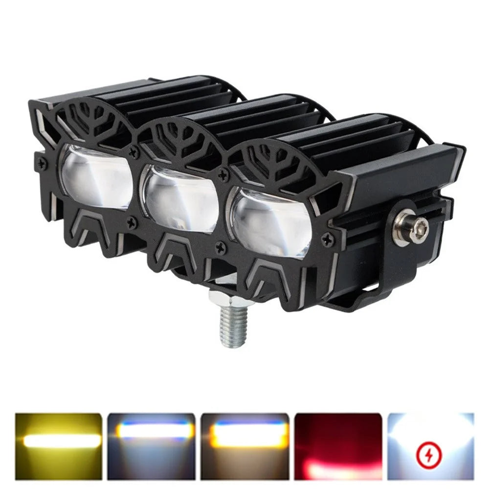 V108 3-LED Car Spotlight 30W 12000LM Yellow White Driving Light with Red Warning Mode for RV Motorcycle ATV - Black - 1