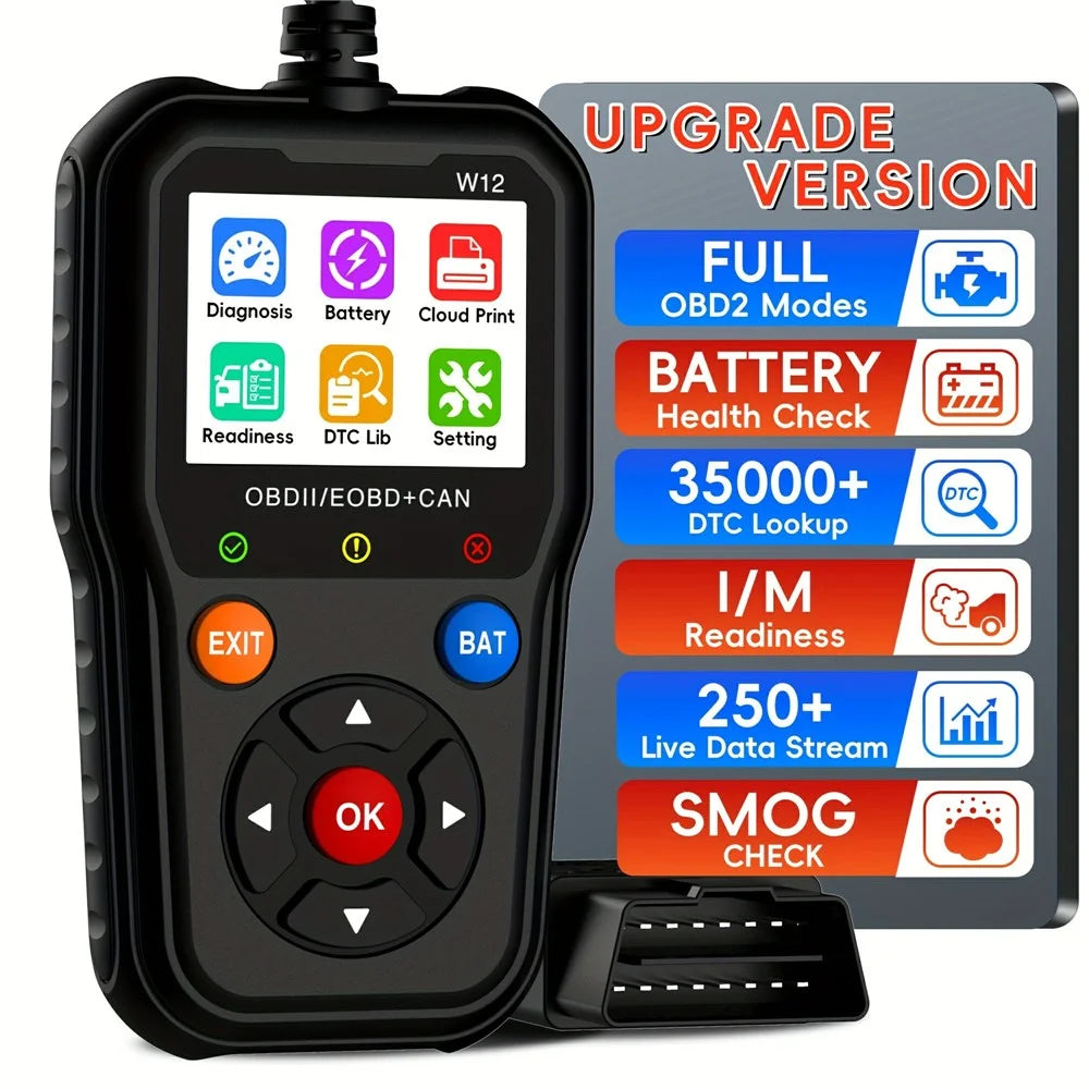 W12 OBD2 Scanner OBDII / EOBD+CAN Car Diagnostic Tool with Battery Test 35000+ DTC Lookup - Black - 2