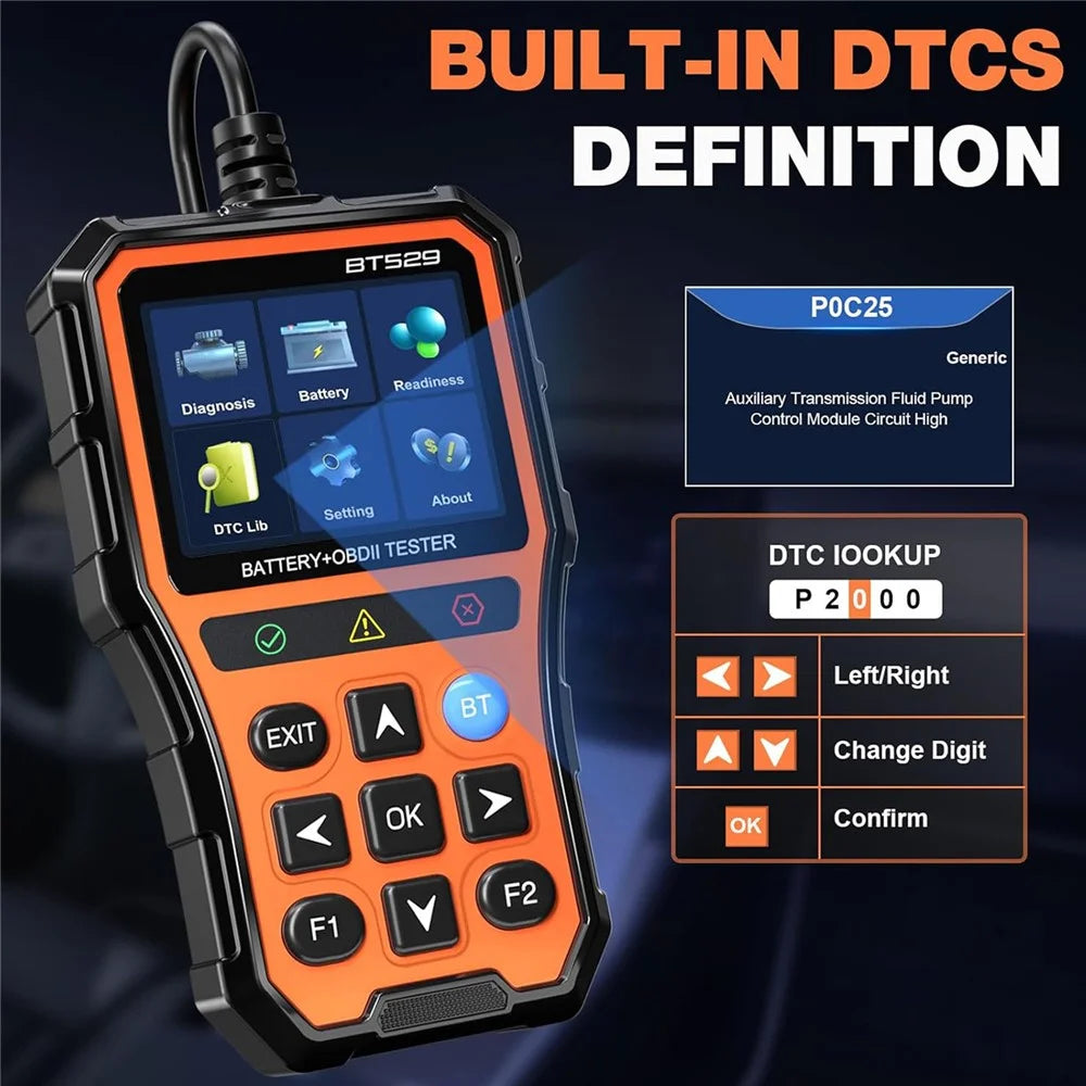 BT529 Bluetooth-compatible Car Battery Tester 2.8 inch IPS Screen OBDII Code Scanner - Orange - 5