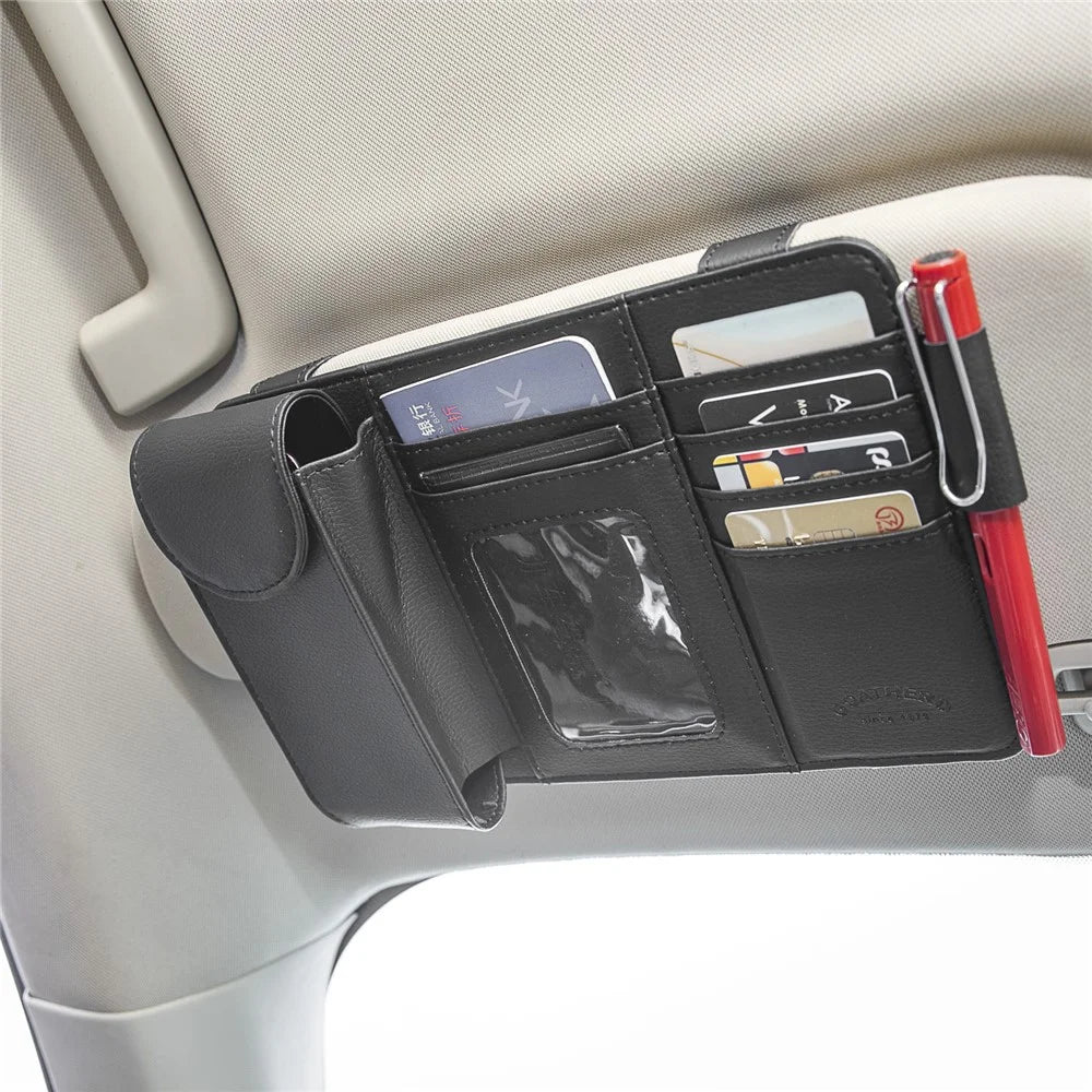 GOATHERD Car Sun Visor Microfiber Leather Storage Bag Driver License Cards Glasses Holder Bag - Black - 2