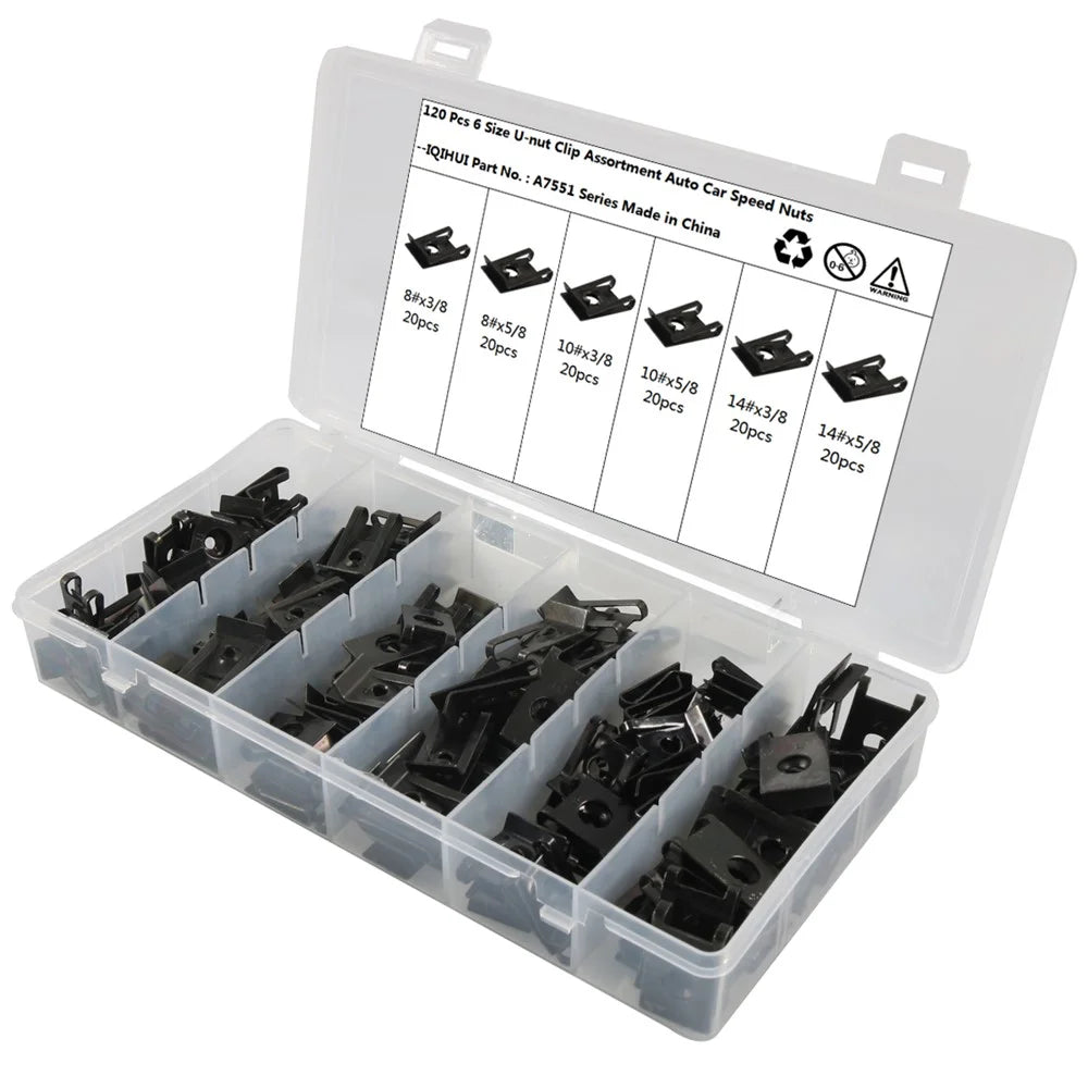 A7551 120Pcs Assorted 8# 10# 14# Car U Nuts Black Manganese Steel U-Type Fastener Clips - 1