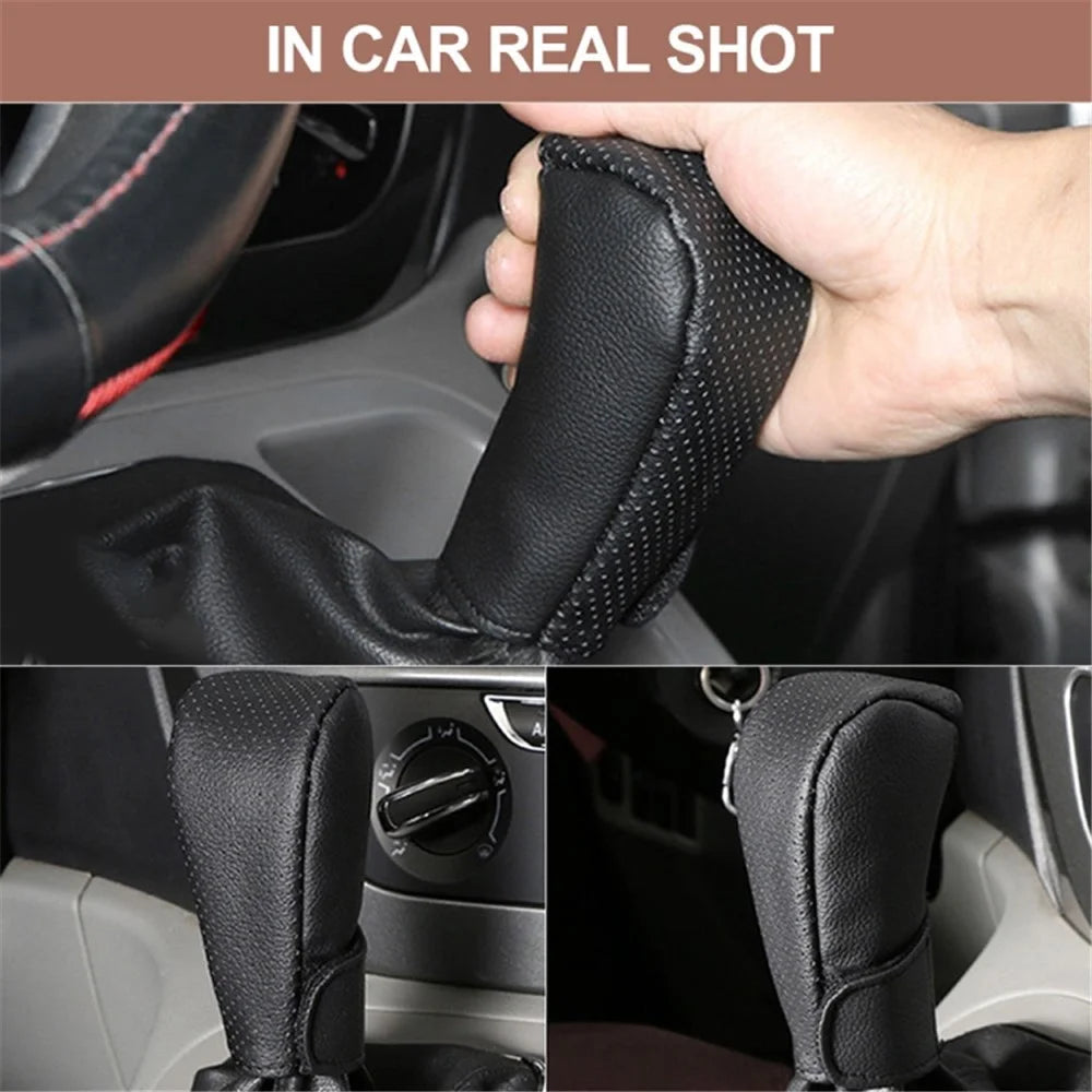 Universal Car Gear Shift Knob Cover Anti-slip PU Leather Protective Cover - Black+Brown - 6