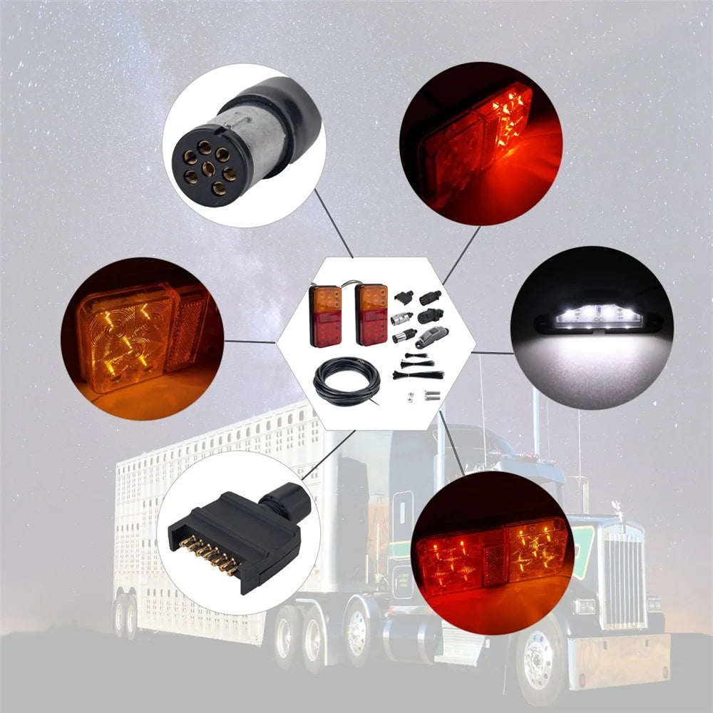 A4133 Water Resistant 10-LED Tail Light Kit for 12V Truck, Trailer Vehicles Turn Signal Light with 8m 5-Core Cable / Cable Ties / License Plate Light - Type D Set - 2