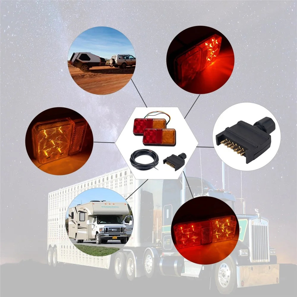 A4086 10-LED Trailer Tail Light Kit for 12V Truck Vehicles Waterproof Turn Signal Warning Light with 8m 5-Core Cable - Type A Set - 2