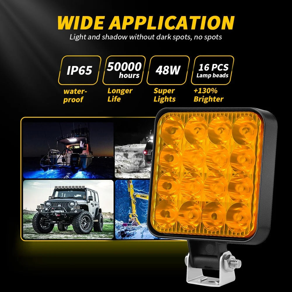 48W 12V 16-LED Car Driving Work Light Waterproof Square Car Off-Road Headlight - Yellow Light - 2