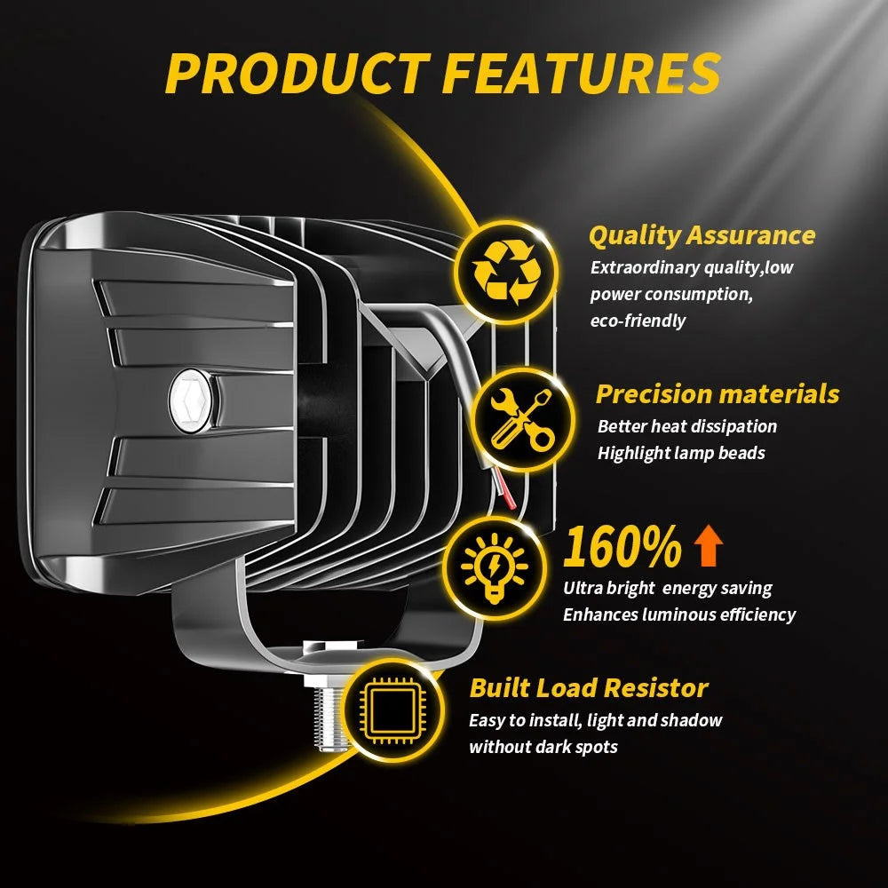 4-LED 12W Car SUV Off-Road Motorcycle Square Spotlight Waterproof Vehicle Headlight - Yellow Light - 2