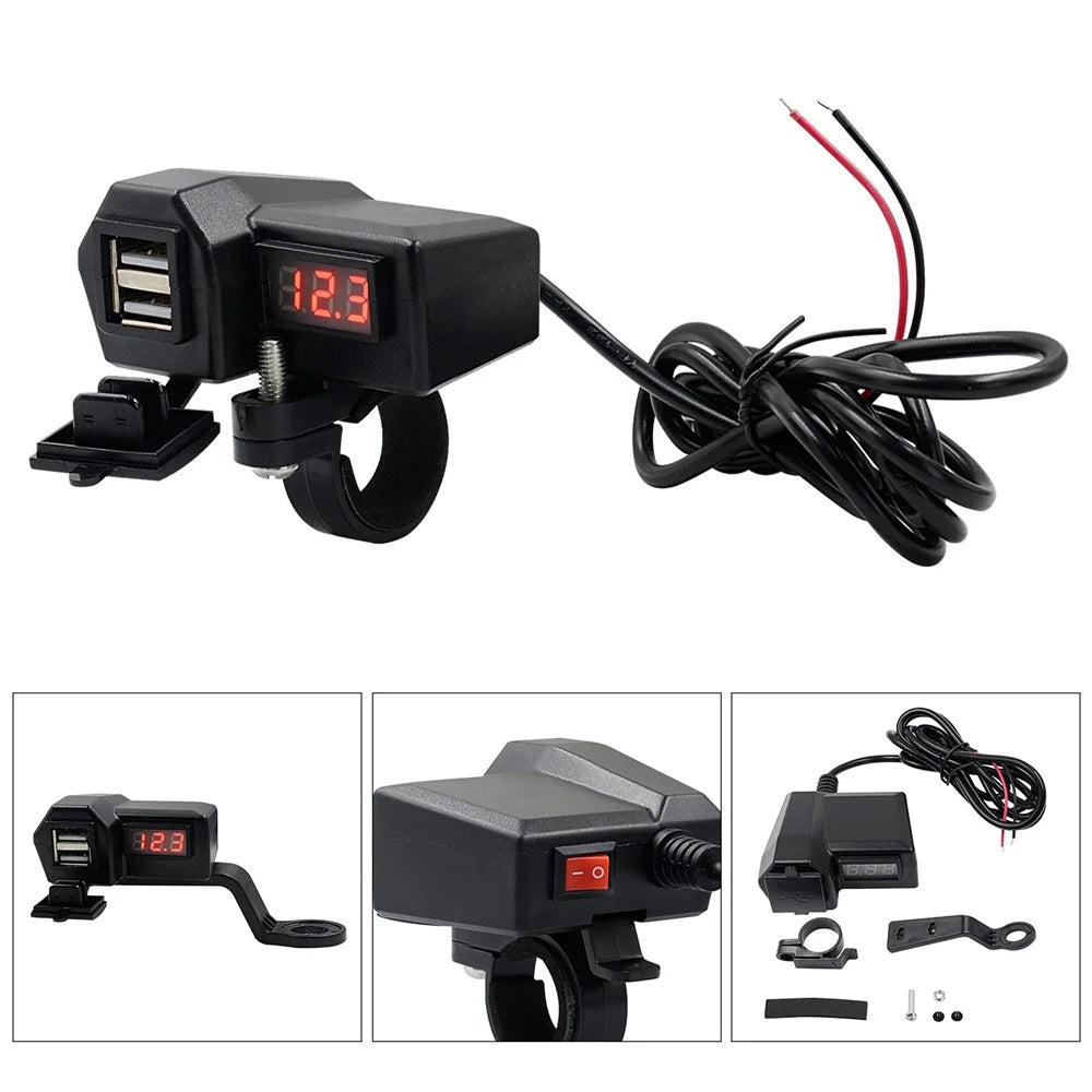 CS-1072A1 10-24V Motorcycle Dual USB Charger Digital Display Voltmeter Waterproof Phone Charging Adapter - 1