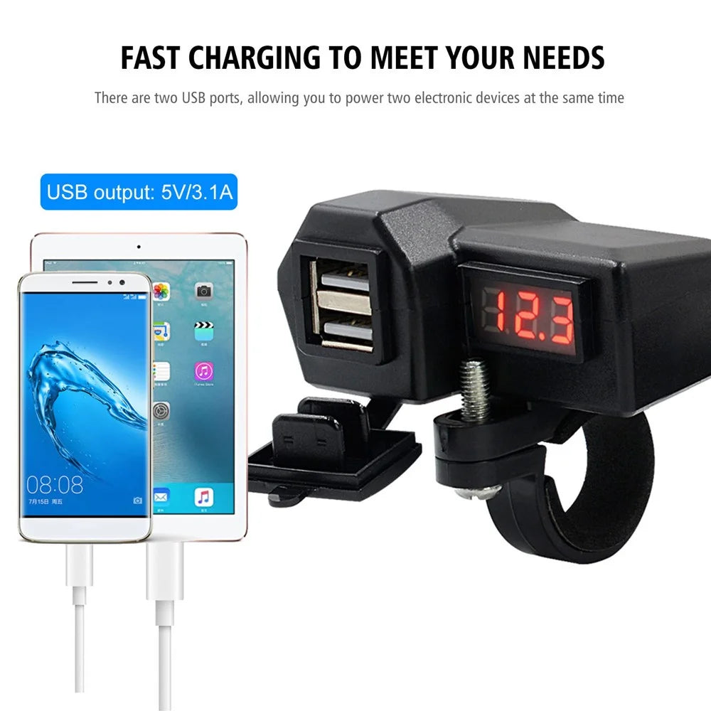 CS-1072A1 10-24V Motorcycle Dual USB Charger Digital Display Voltmeter Waterproof Phone Charging Adapter - 5