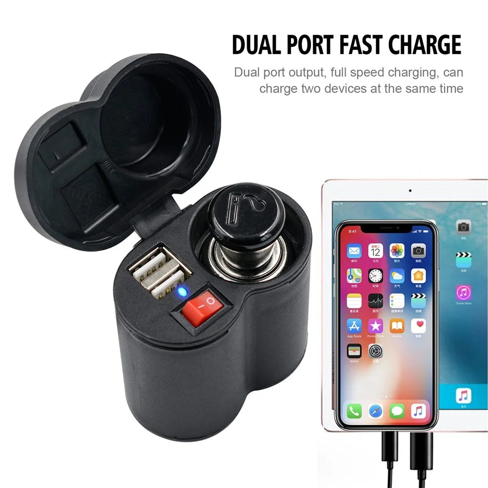 CS-313F1 12-24V Motorcycle Modify Dual USB Charger Waterproof Phone Charging Adapter with Cigarette Lighter Head and Switch - 7