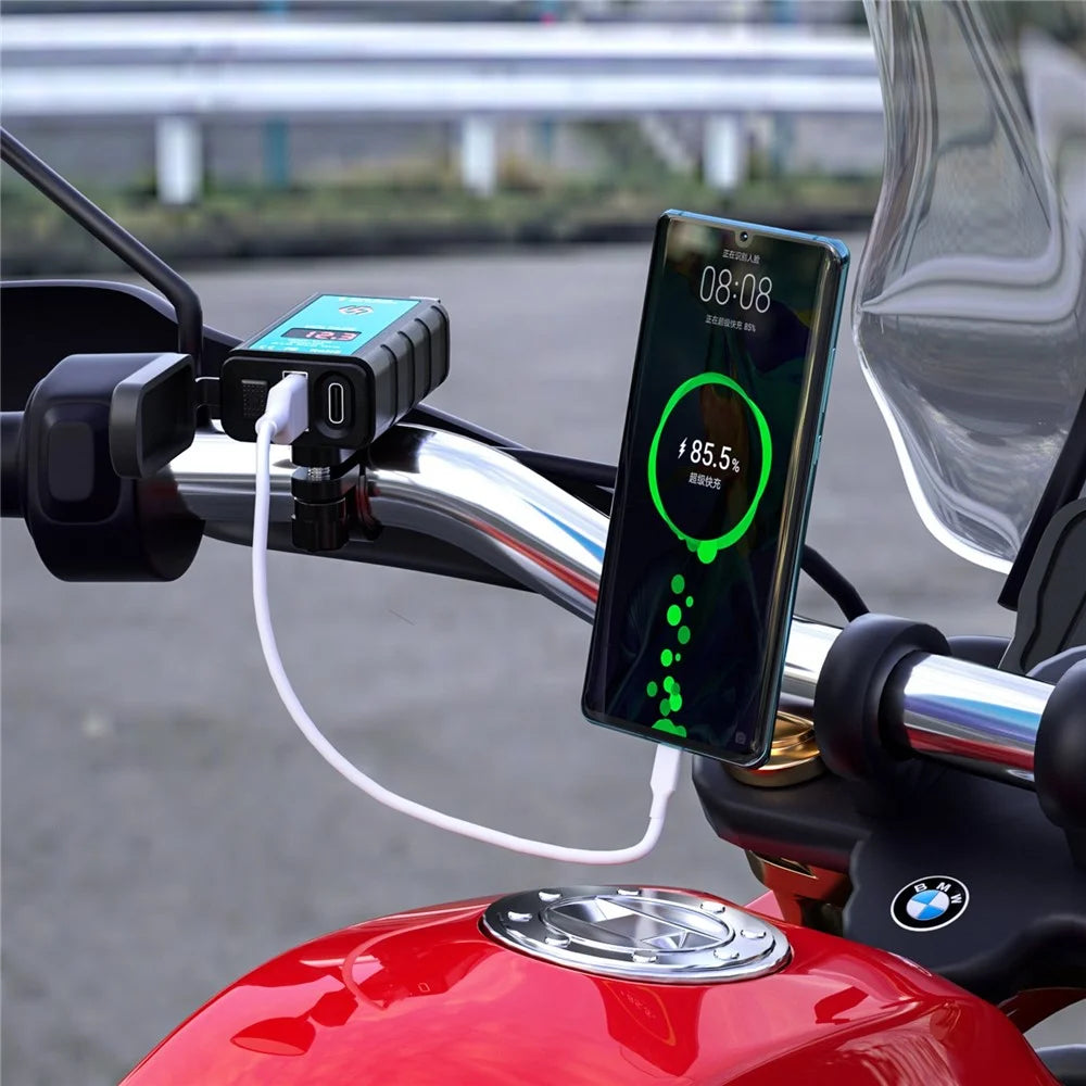 ZH-1422B2 Motorcycle Handlebar Charger USB+Type-C Port Adapter Socket, with Voltmeter Display and 1m SAE Extension Cable - 2