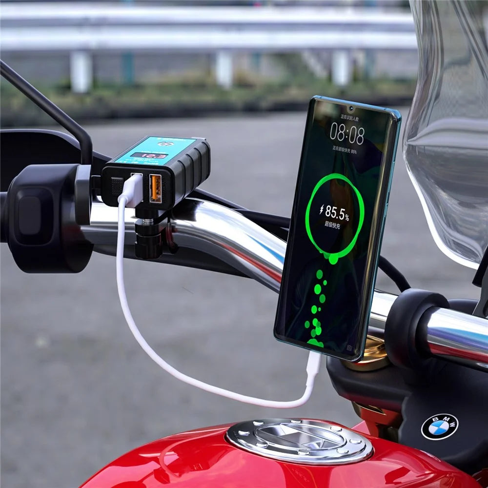 ZH-1422A3 Dual USB Port 5V 3.4A Power Adapter Socket Motorcycle Handlebar Voltmeter Display Fast Charger with 1.4m SAE+OT Terminal Cable - 2