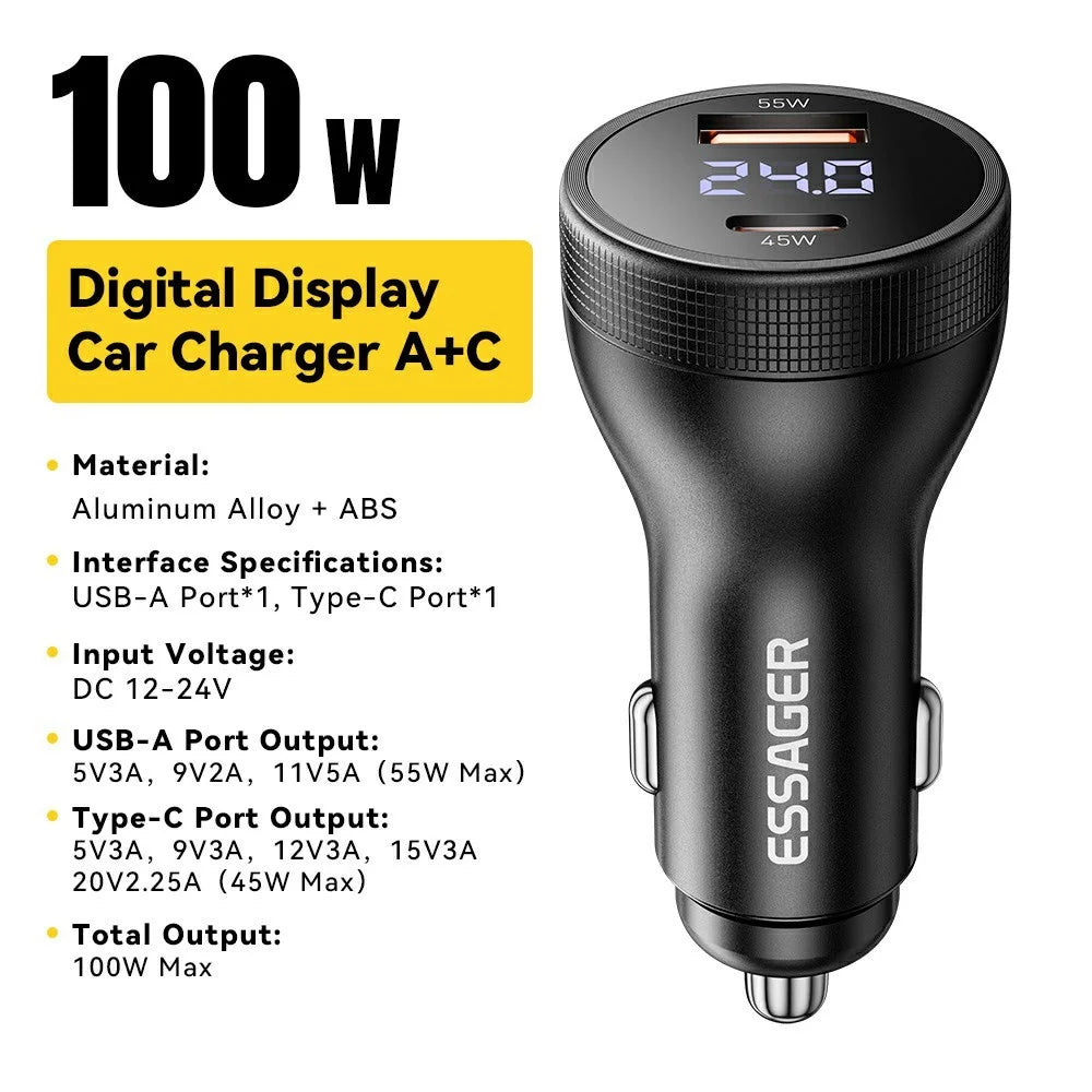 ESSAGER USB A + Type C Car Charger 100W Super Fast Charging Adapter with Digital Display - Black - 2