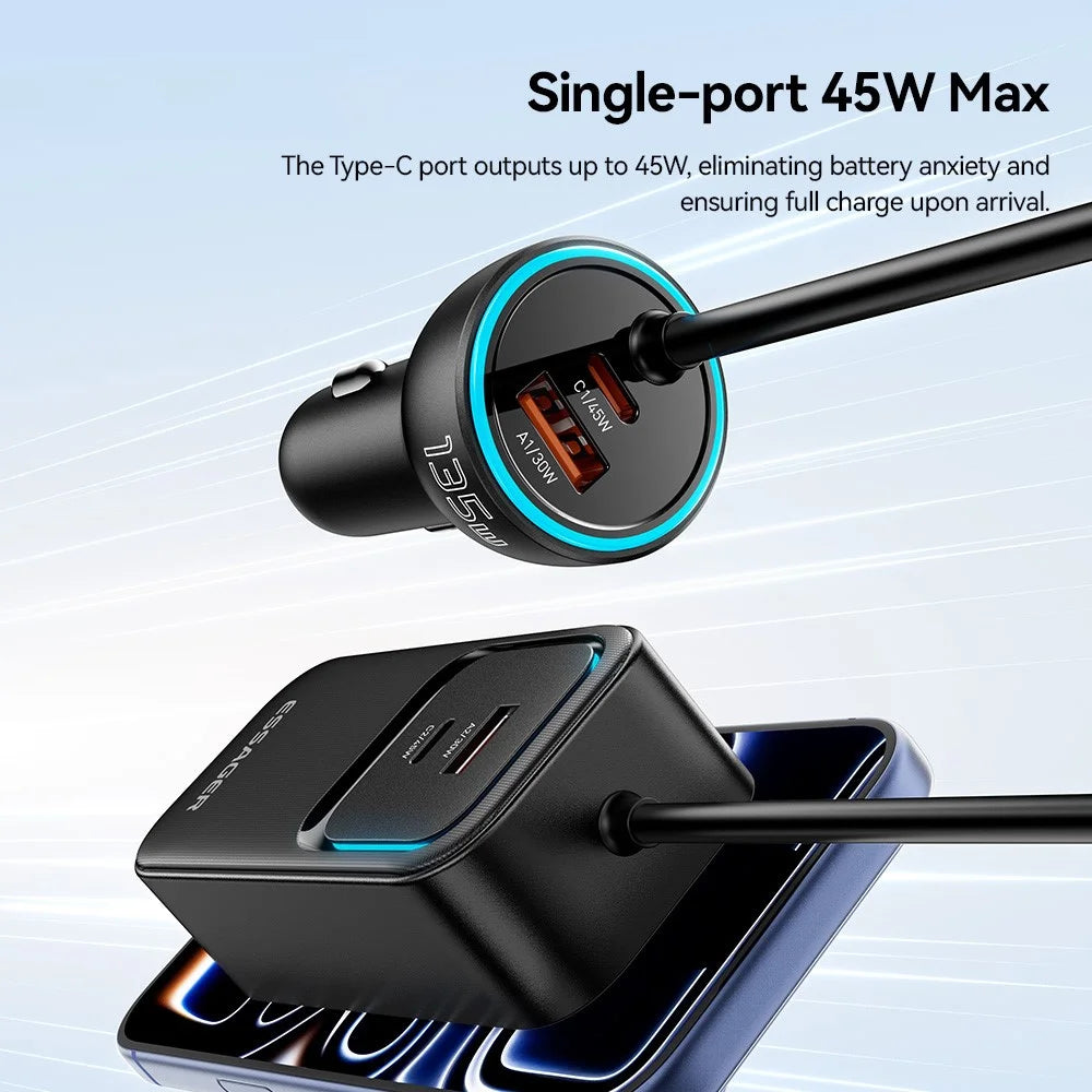 ESSAGER F789 1.5m 135W Rear-Seat Car Charger with 70cm Retractable Cables - Black - 3
