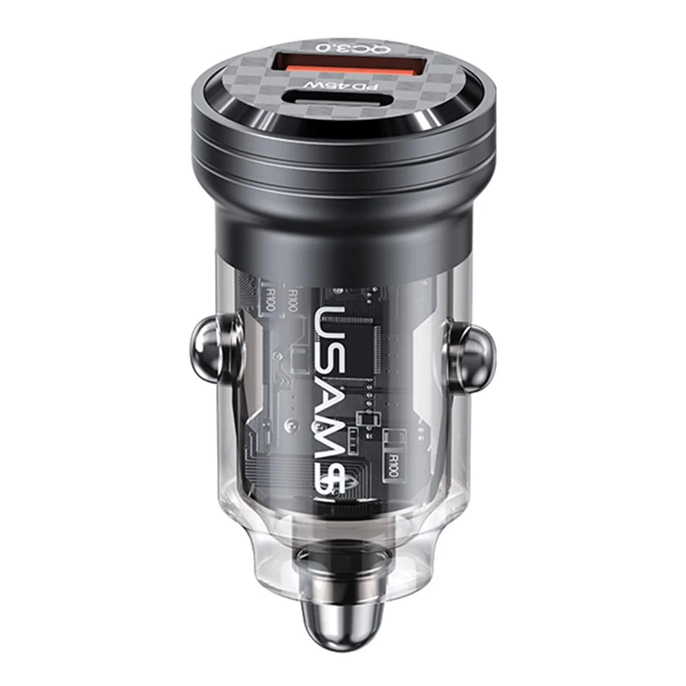 USAMS US-CC175 C35 45W Car Charger Aluminum Alloy Transparent USB-A+USB-C Mini Car Charger with Light - Black - 1