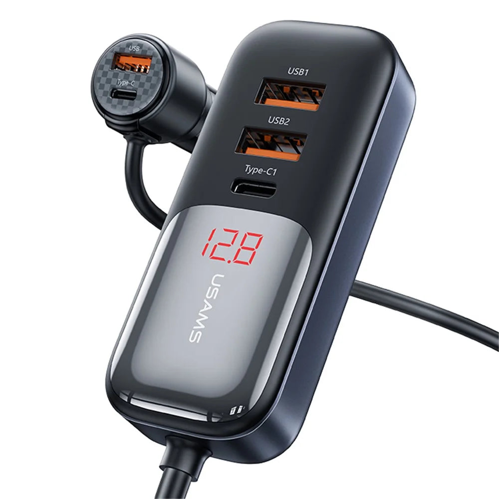USAMS US-CC213 C40 165W Quick Charging Adapter Digital Display 2*Type-C 3*USB Car Charger with Cable - 2