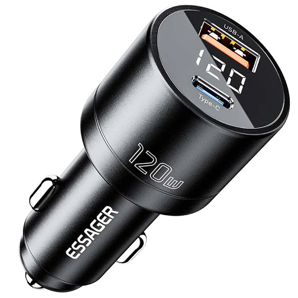 ESSAGER FSJ-009 120W USB+Type-C Aluminum Alloy Adapter Voltage Digital Display Car Charger - Black - 1