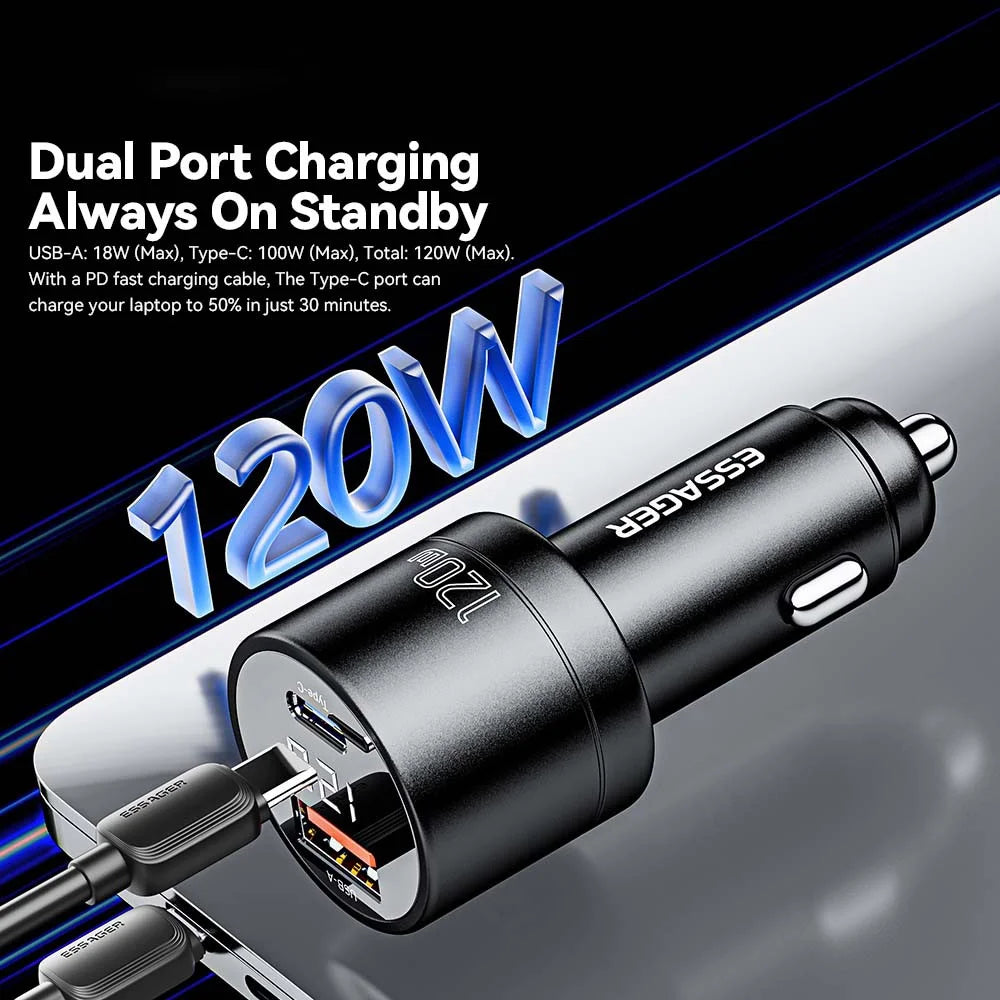 ESSAGER FSJ-009 120W USB+Type-C Aluminum Alloy Adapter Voltage Digital Display Car Charger - Black - 2