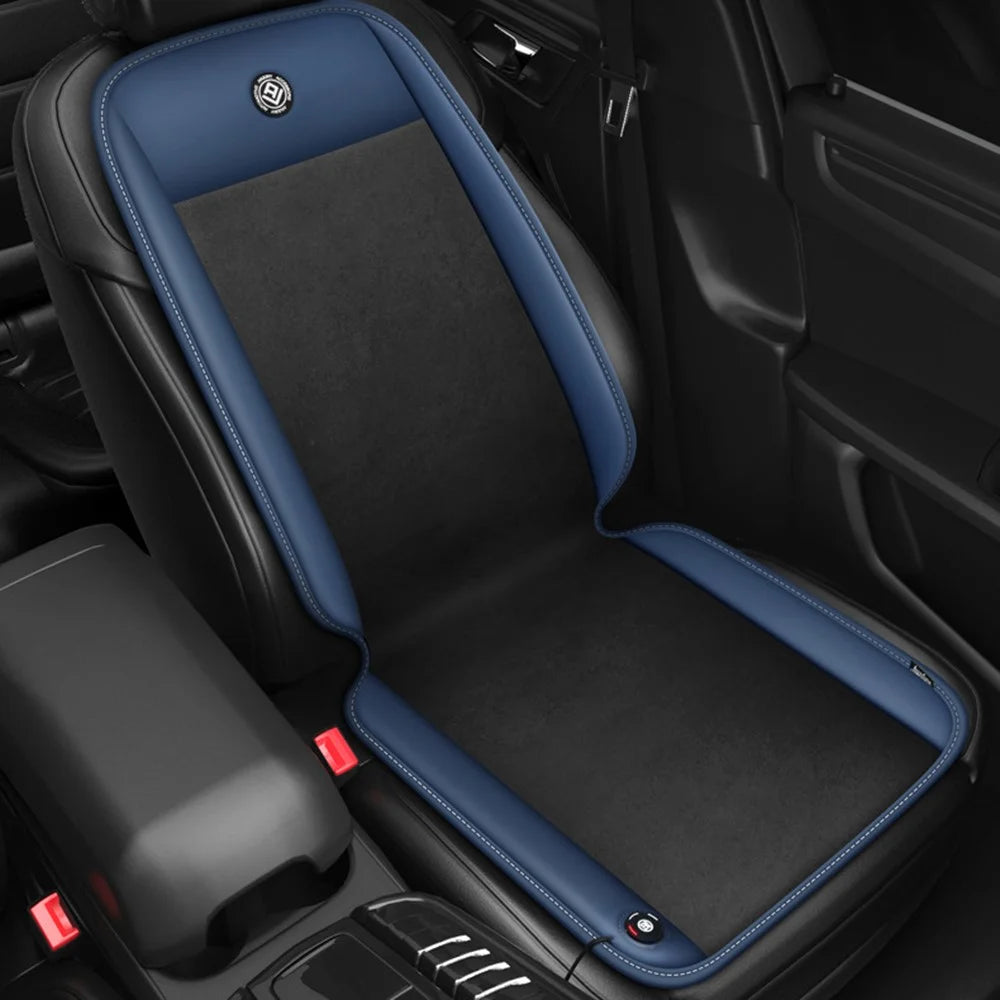 ANJUNY Car Electric Heated Seat Cushion Leather+Velvet+Sponge Winter Seat Heating Pad with Backrest - Black+Dark Blue / Driver Side - 2