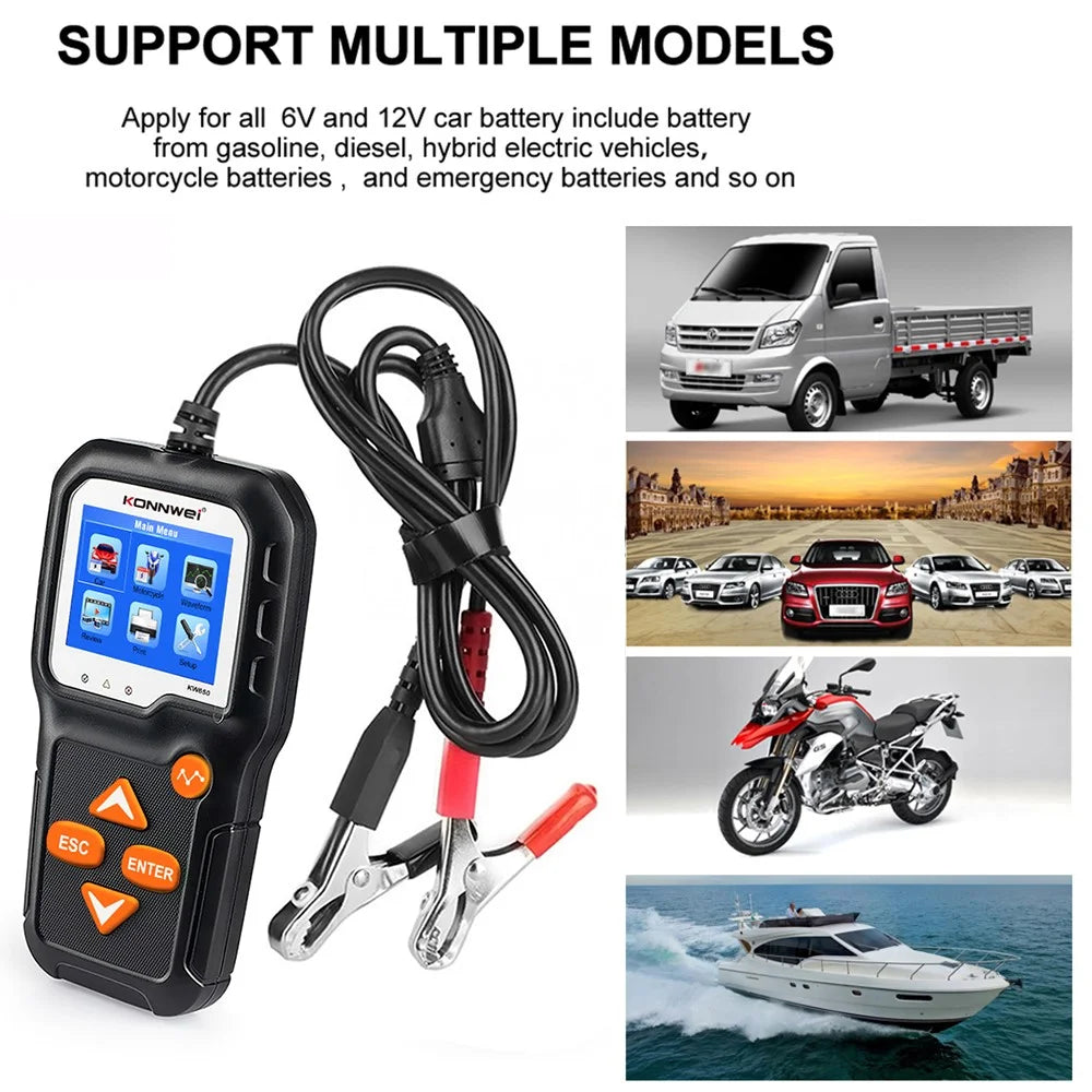 KONNWEI KW650 6-12V Car Motorcycle Battery Tester Charging Cranking Test Tool Battery Analyzer 100 to 2000 CCA - 3