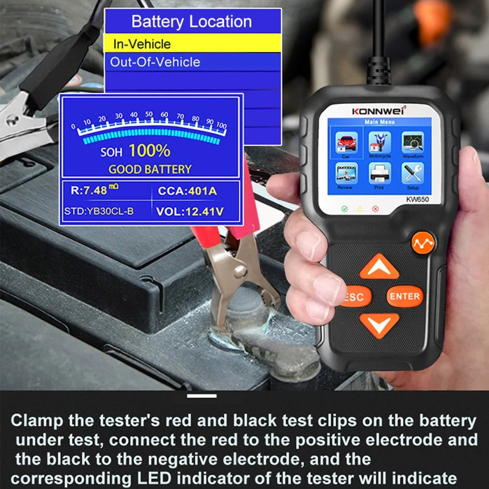 KONNWEI KW650 6-12V Car Motorcycle Battery Tester Charging Cranking Test Tool Battery Analyzer 100 to 2000 CCA - 5