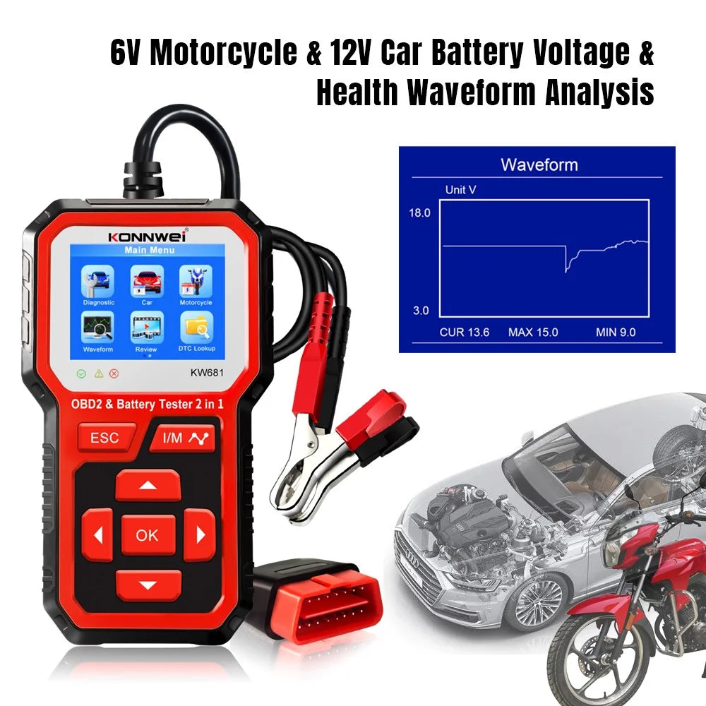 KONNWEI KW681 2 in 1 6-12V Car Battery Tester OBD2 Cars Fault Diagnosis Instrument Battery Analyzer - 3